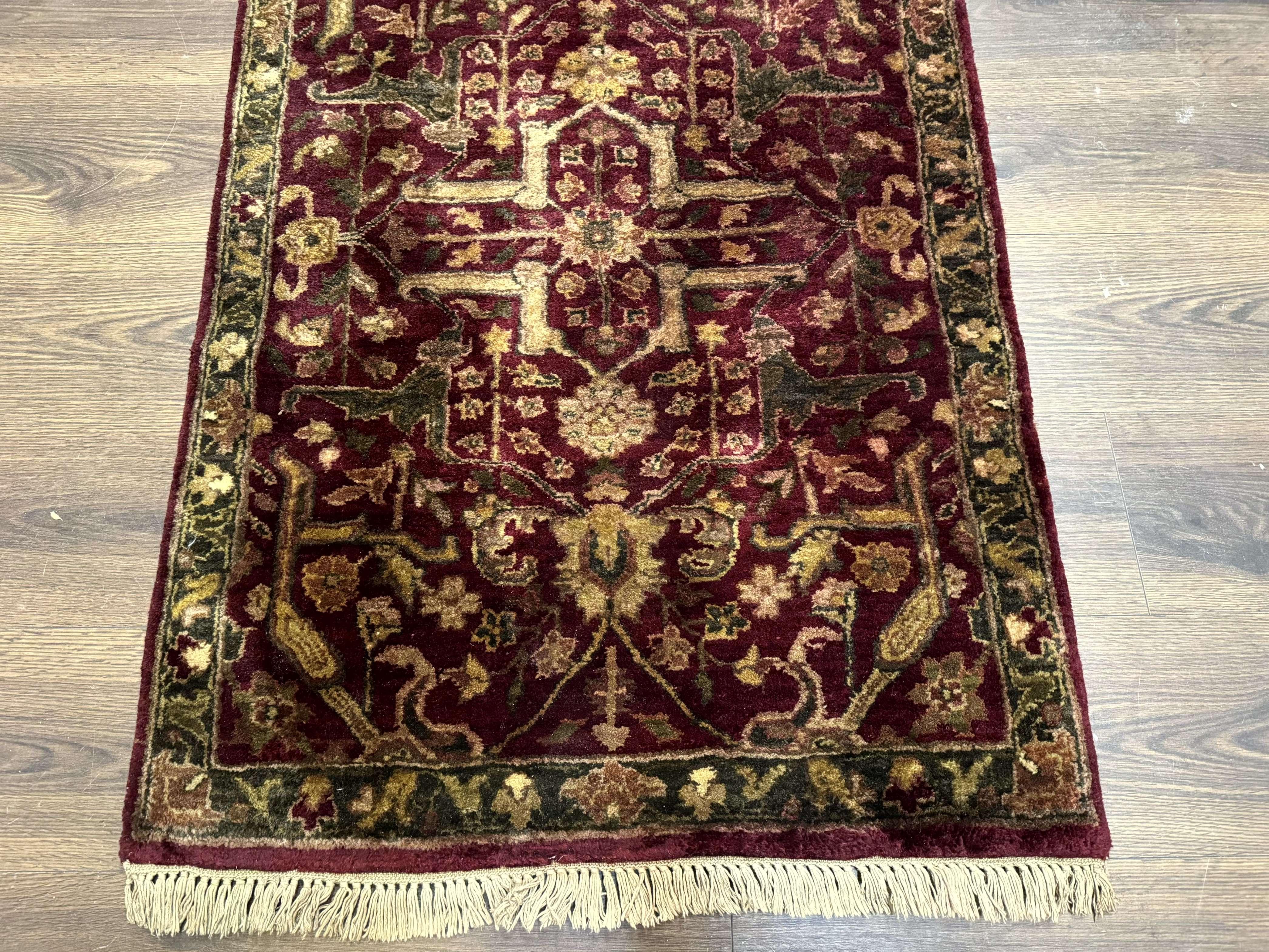 Indo Persian Runner Rug 2.7 x 13.8, Maroon, Wool, Handmade Indian Rug for Hallway - Jewel Rugs