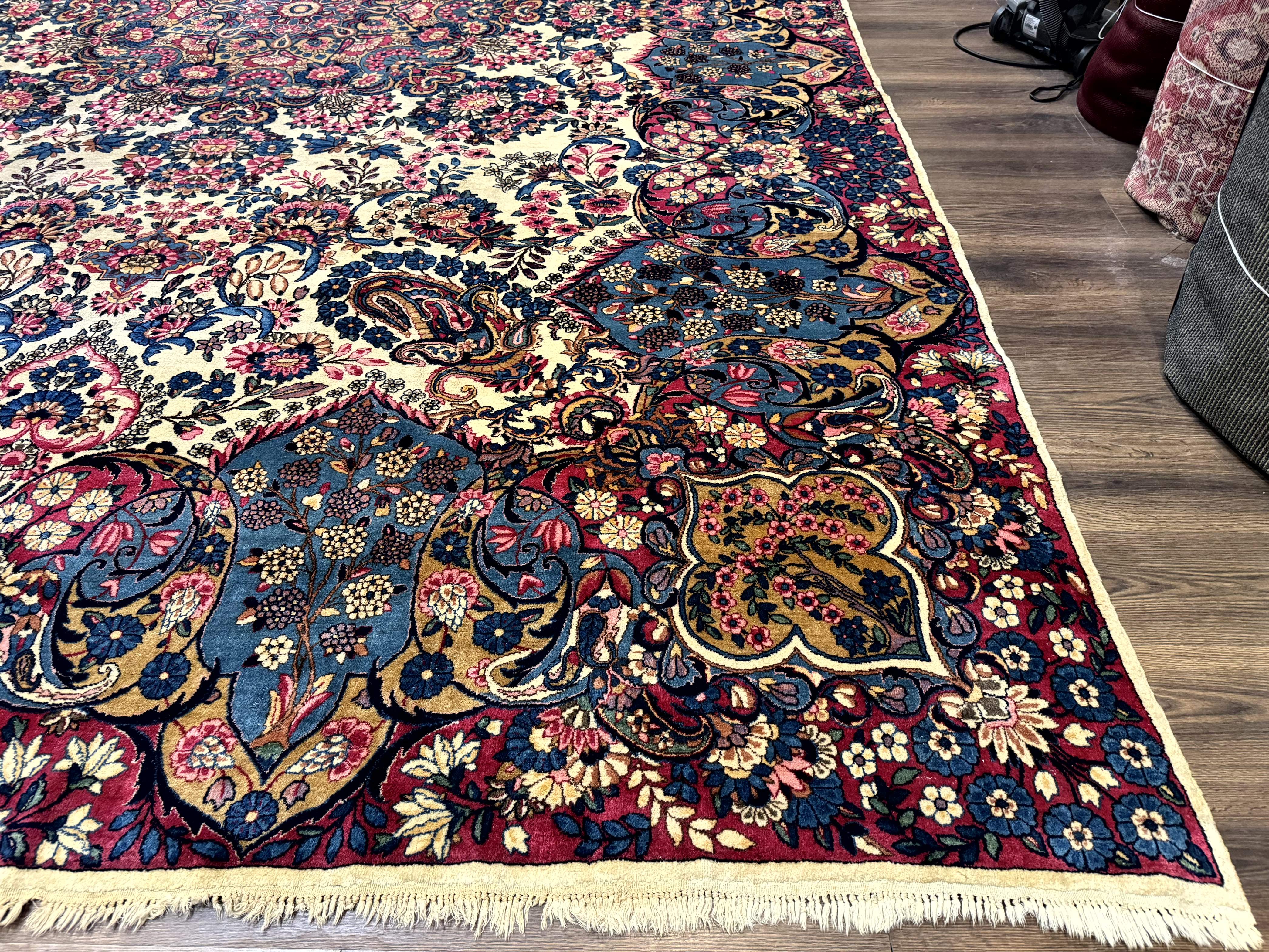 Wonderful Persian Kerman Rug 11x16, Rare Antique Palace Size Persian Carpet, Cream Blue Red, Colorful - Jewel Rugs