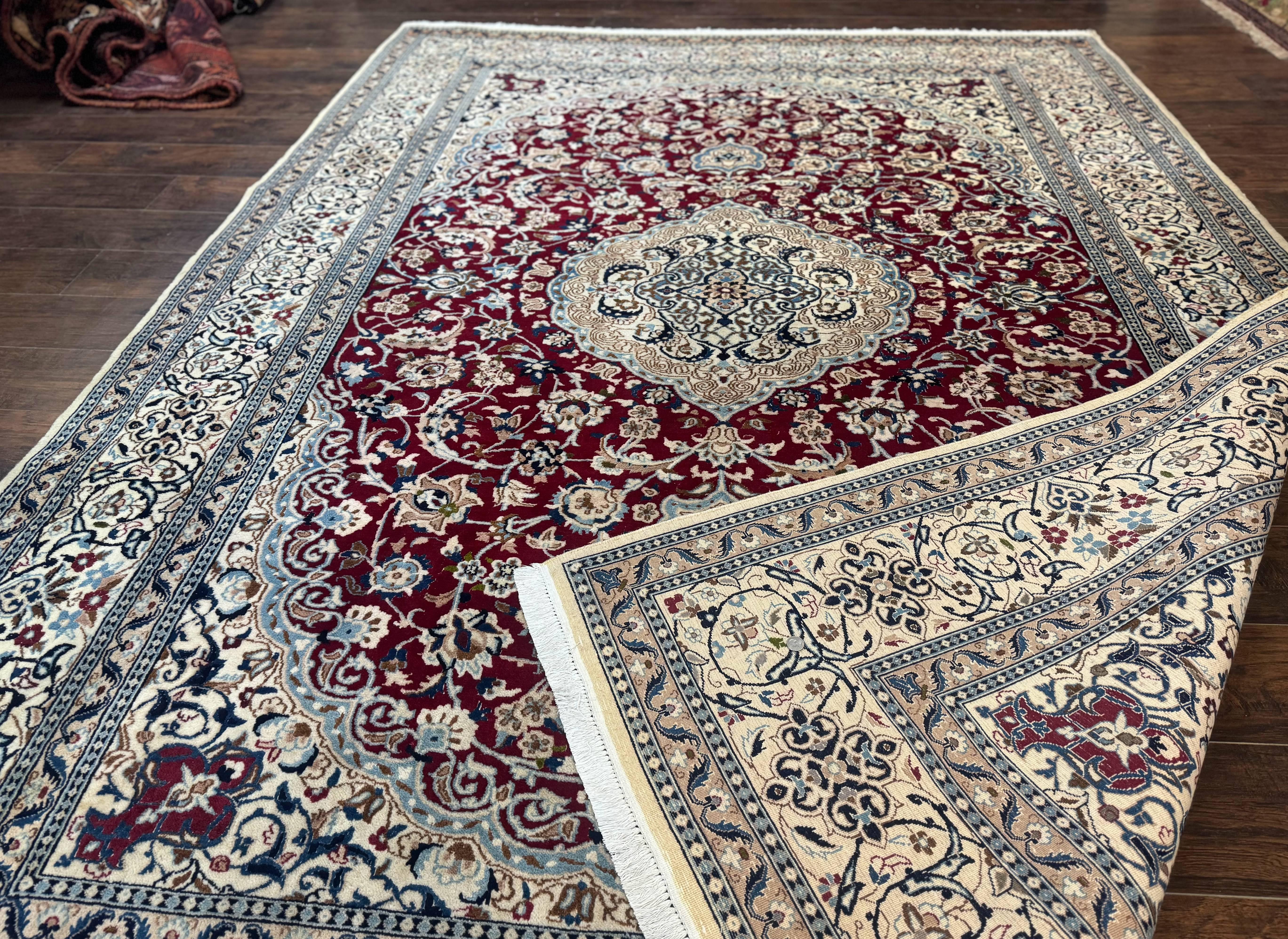 Persian Nain Rug 8x11, Wool and Silk Highlights, Burgundy & Ivory - Jewel Rugs