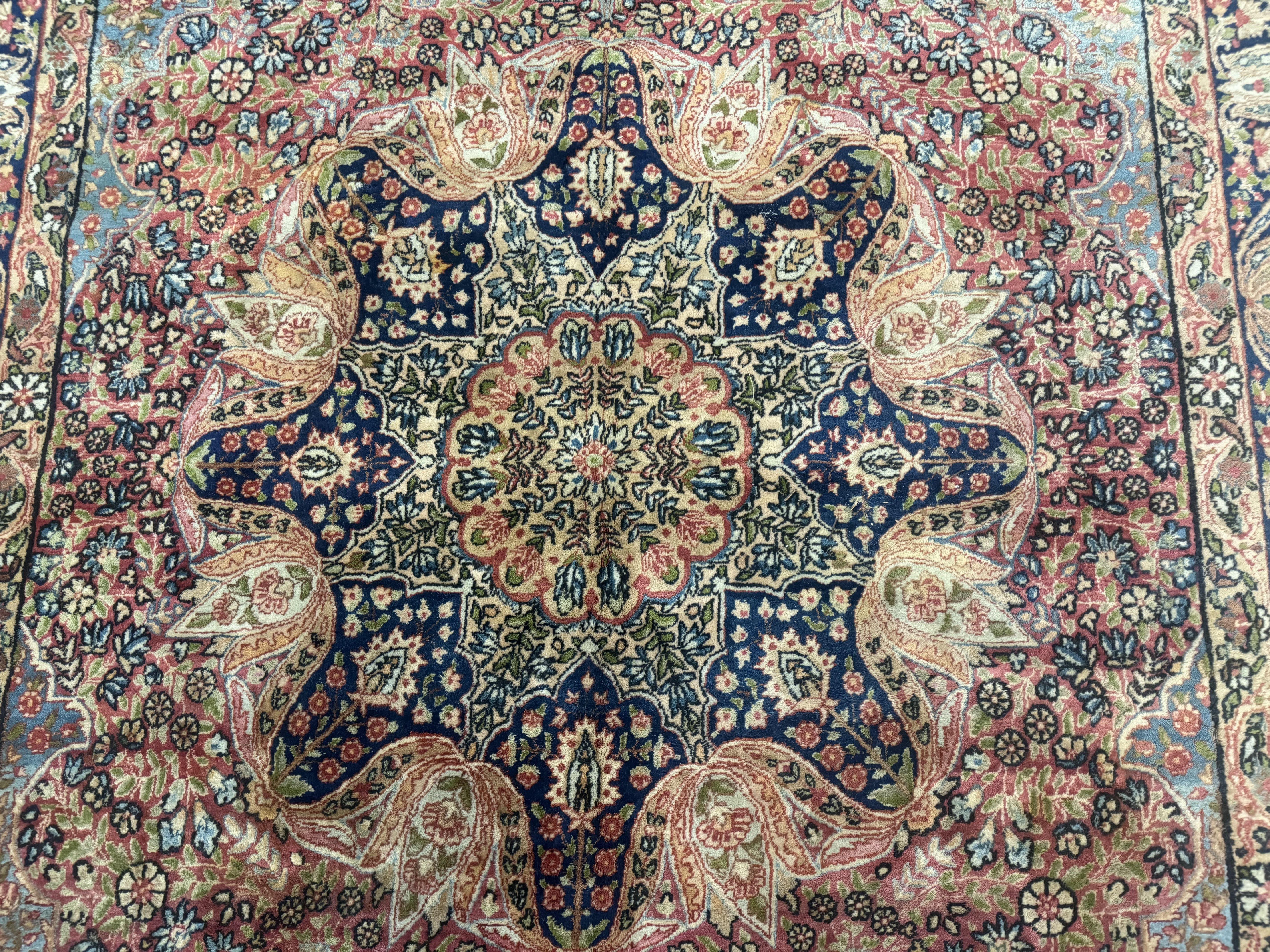 Antique Persian Kerman Lavar Rug 6x10, Colorful Navy Blue Red Light Blue, Floral, Multicolor, Very Fine, Handmade, 225 KPSI - Jewel Rugs