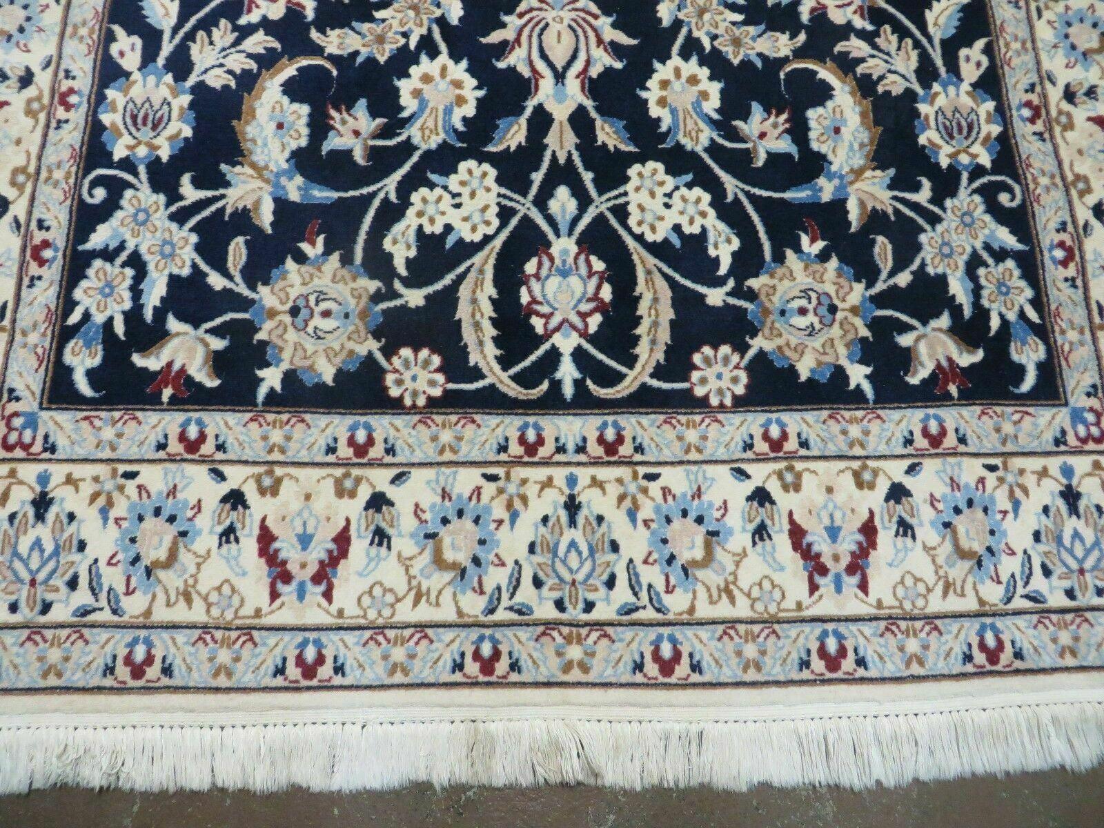 Persian Nain Rug 4x7, Navy Blue and Ivory, Handmade, Wool & Silk Highlights, Fine Oriental Rug, Vintage - Jewel Rugs