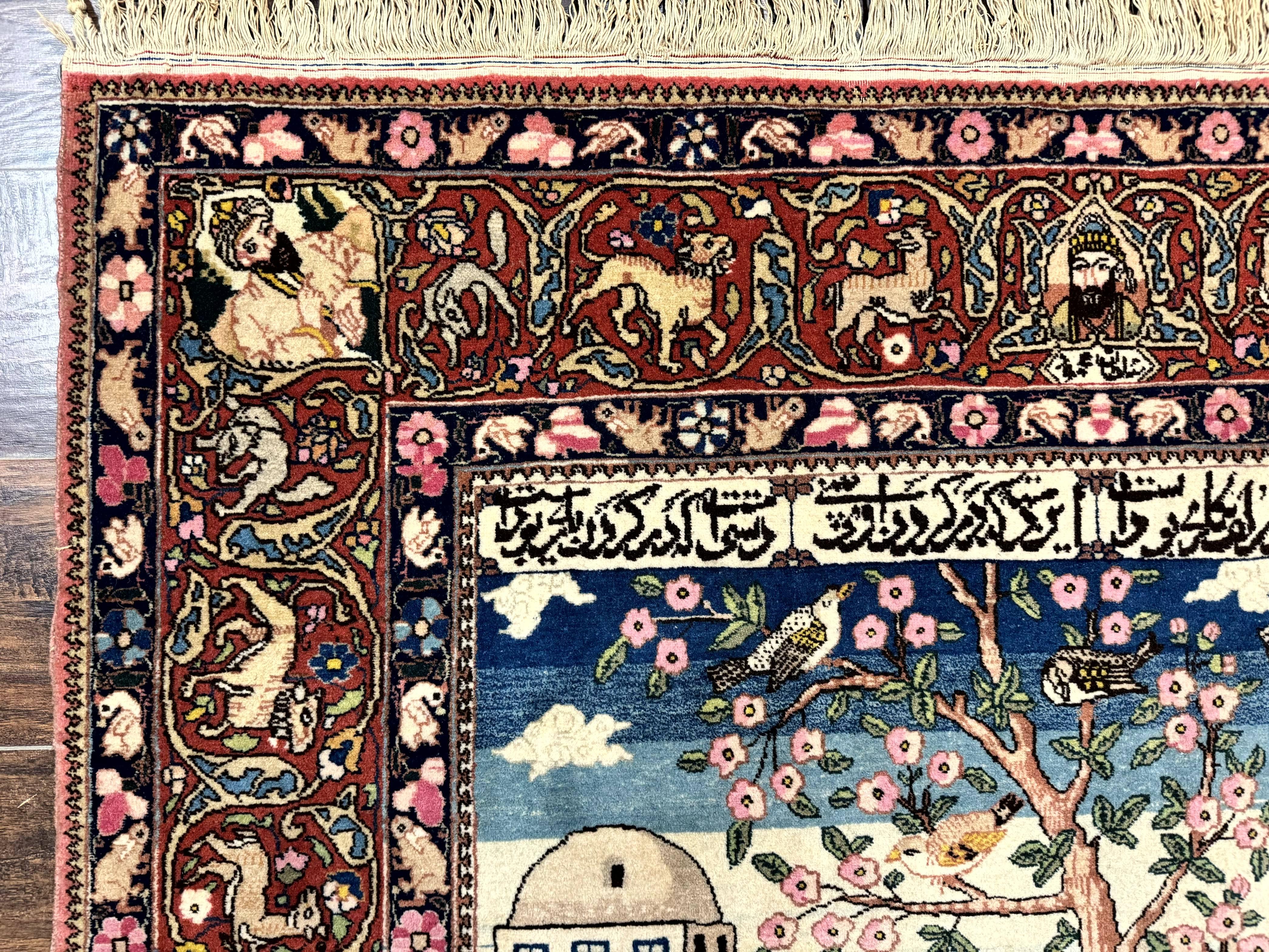 Wonderful Persian Kashan Pictorial Rug 4.7 x 6.5, Persian Rug for Wall Hanging, Handmade Antique Wool Carpet Animal Motifs Poetry Lovers, 240 KPSI - Jewel Rugs