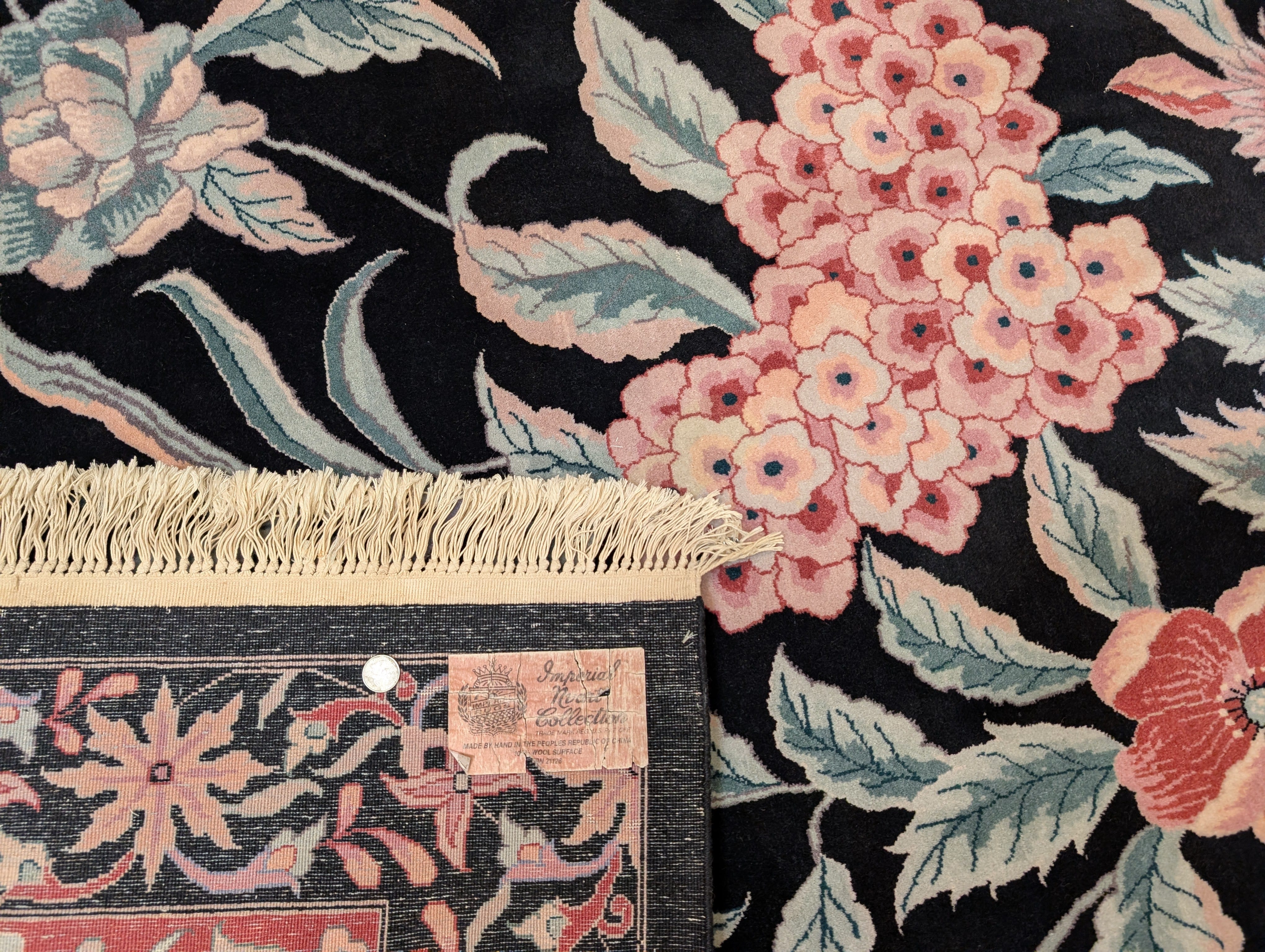 Chinese Wool Rug 10x14, Floral Botanical, Fine 225 KPSI, Black