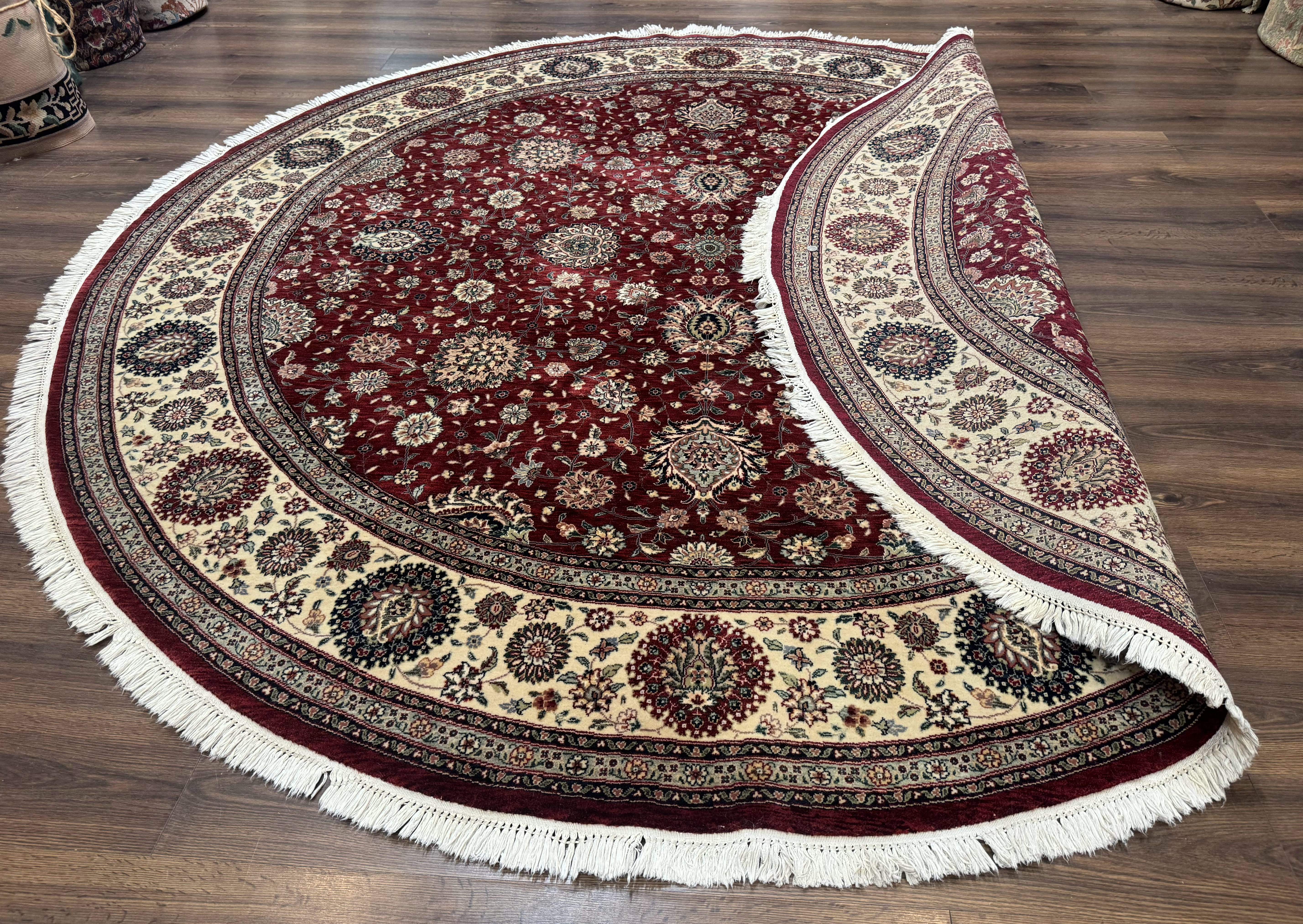 Round Sino Persian Rug 9x9, Burgundy and Cream, Floral, Wool and Silk, 9ft Round Carpet - Jewel Rugs