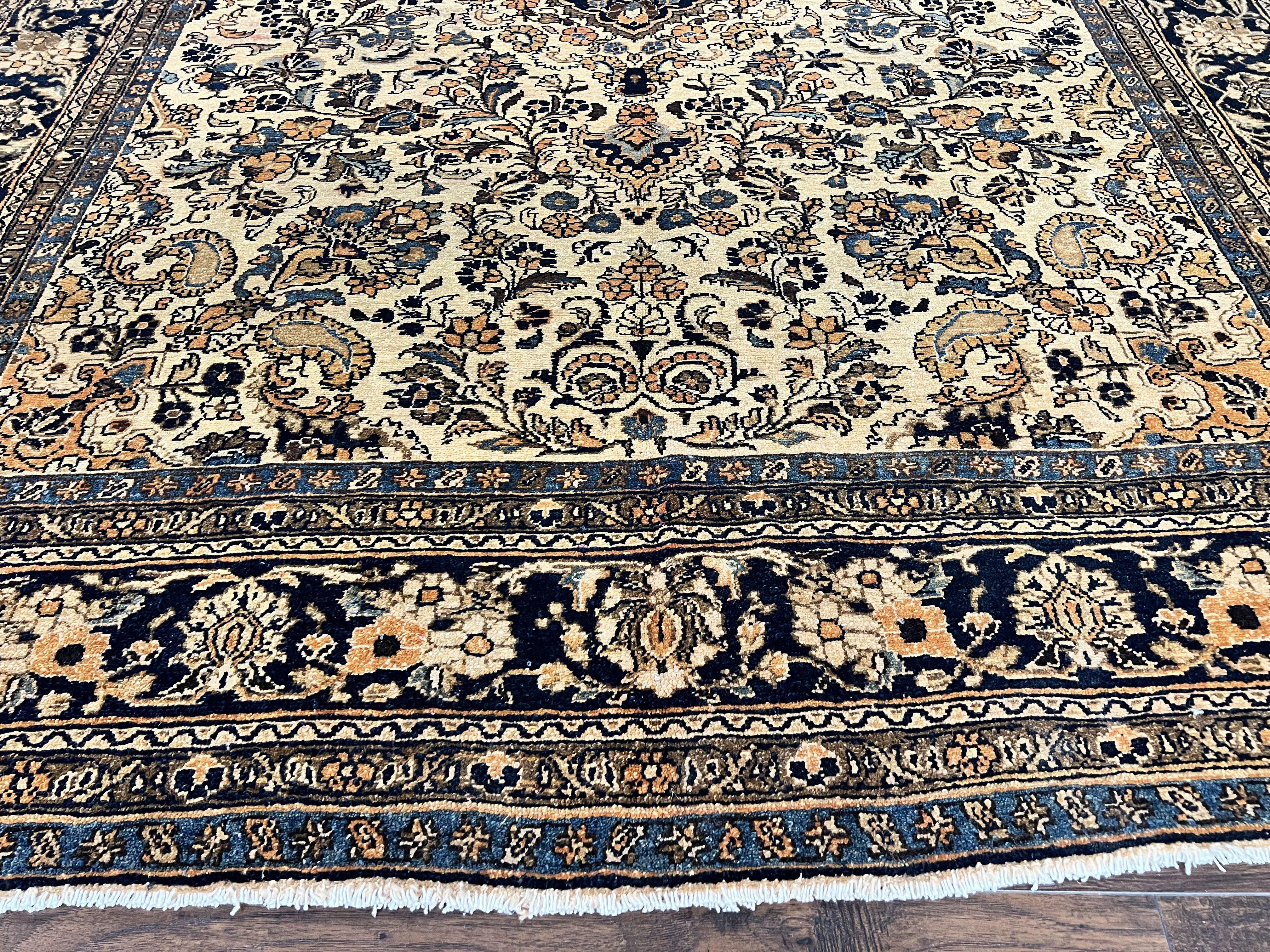 Antique Persian Rug 9x11, Wool Handmade 1920s Oriental Carpet, Persian Hamadan Anjelas Rug, Cream Black, Floral Allover Oriental Rug 9 x 11 Room Sized Rug - Jewel Rugs