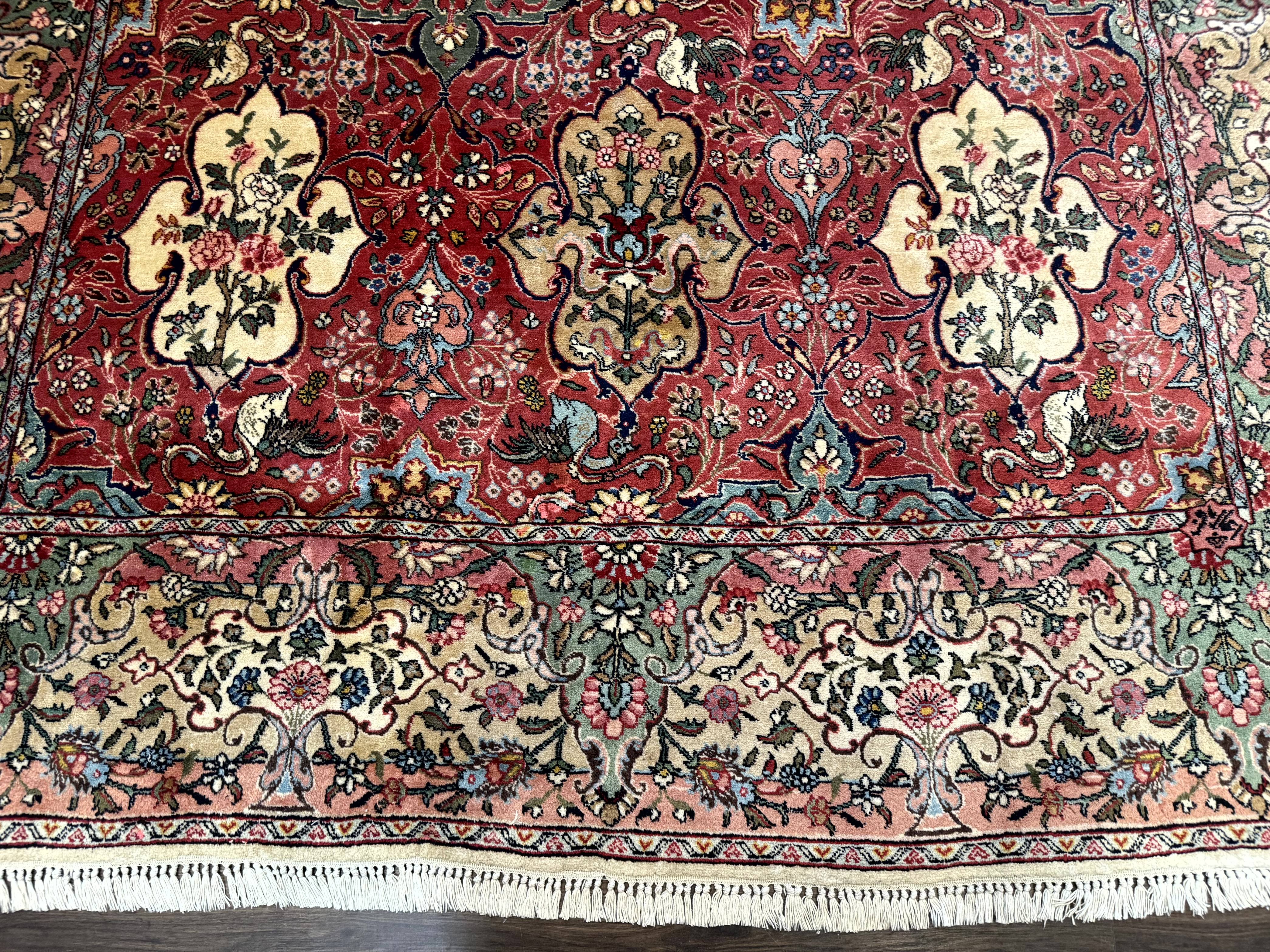 Antique Tabriz Persian Rug 7x10, Red Cream Tan, Unique Design, Fine 270 KPSI, Birds, Floral - Jewel Rugs
