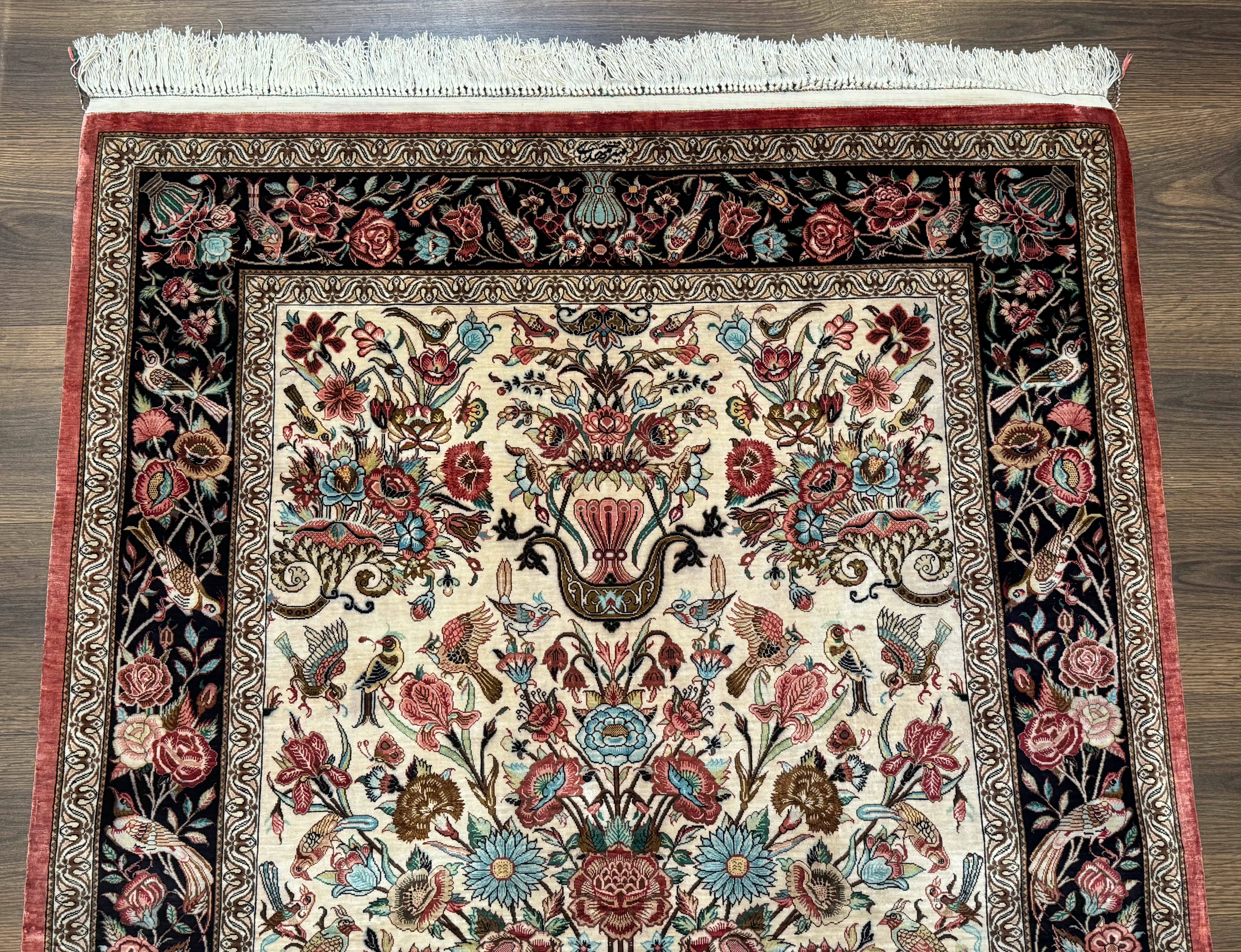 Marvelous Persian Qum Silk Rug 3x5, Exceptionally Fine 650 KPSI, Persian Vase & Birds, Signed Mir Mehdi, Rare - Jewel Rugs