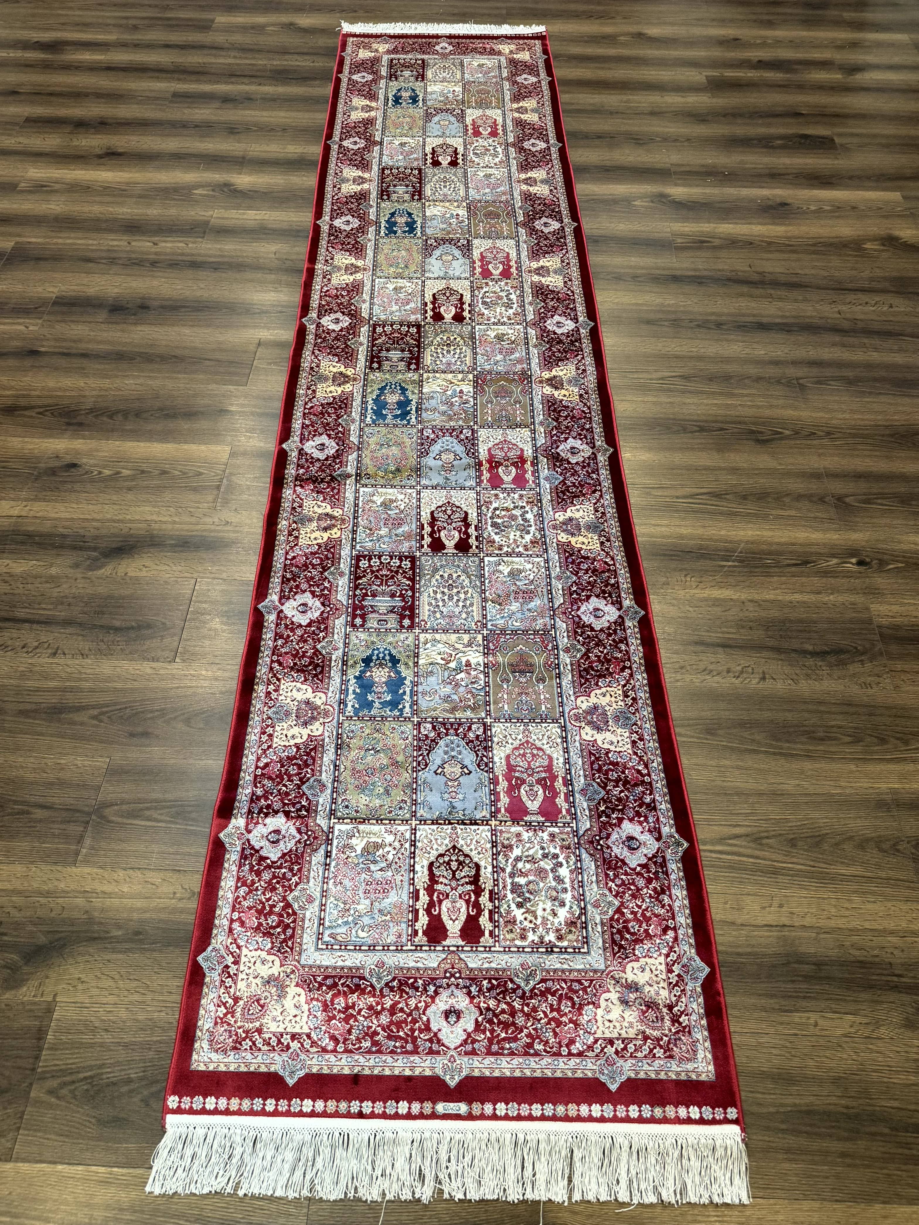 Turkish Silk Runner Rug 2.6 x 11.6, Panel Design, Dark Red Ivory, Bamboo Silk, New - Jewel Rugs