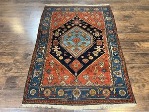 Antique Persian Hamadan Rug 4x6, Red Blue, Hand Knotted Carpet, Geometric, Tribal Rug, Wool Rug 4 x 6