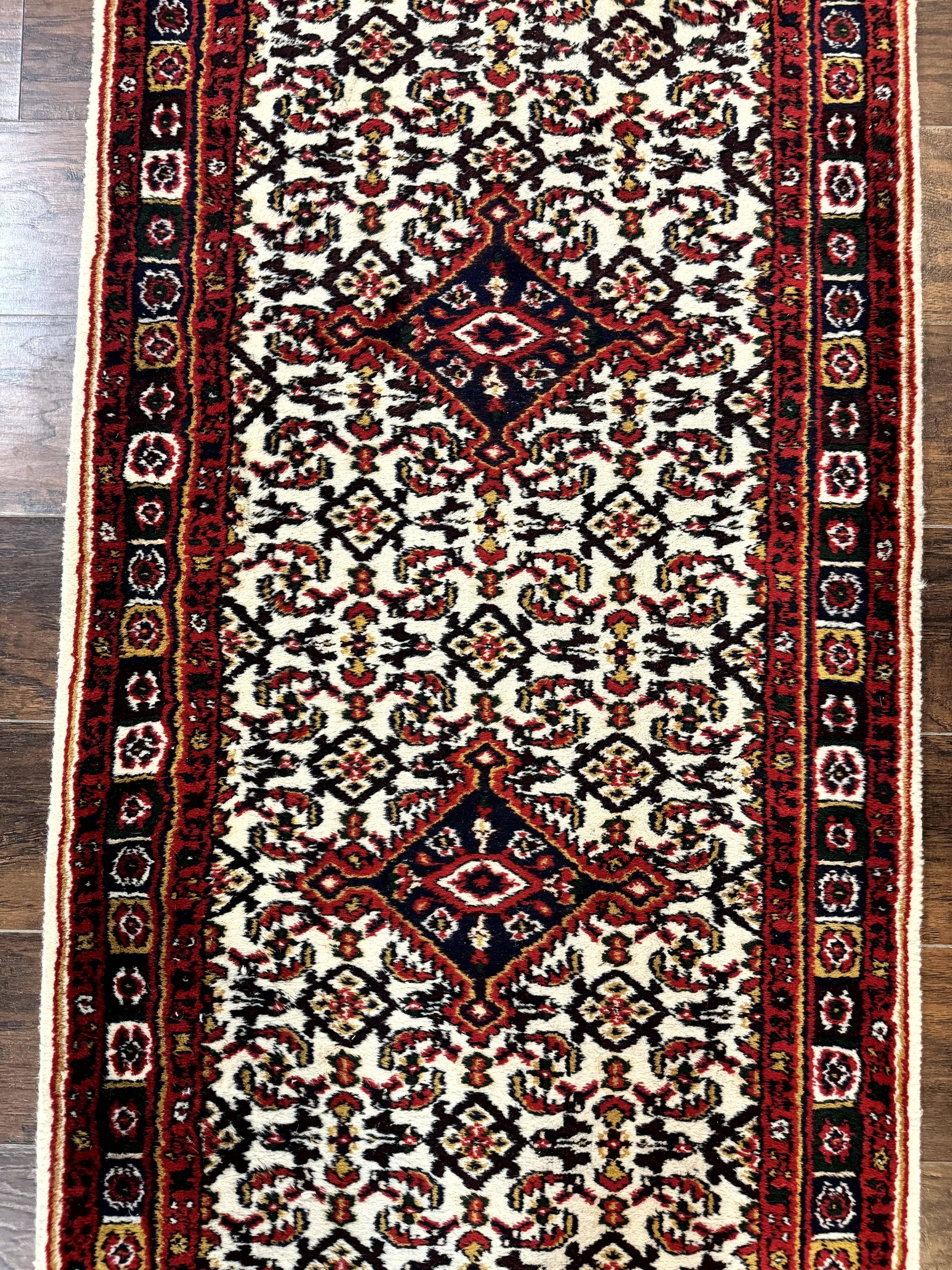 Indo Persian Bidjar Runner Rug 2.8 x 10, Vintage Rug for Hallway, 10ft Runner, Wool Handmade Ivory and Red, Medallions - Jewel Rugs