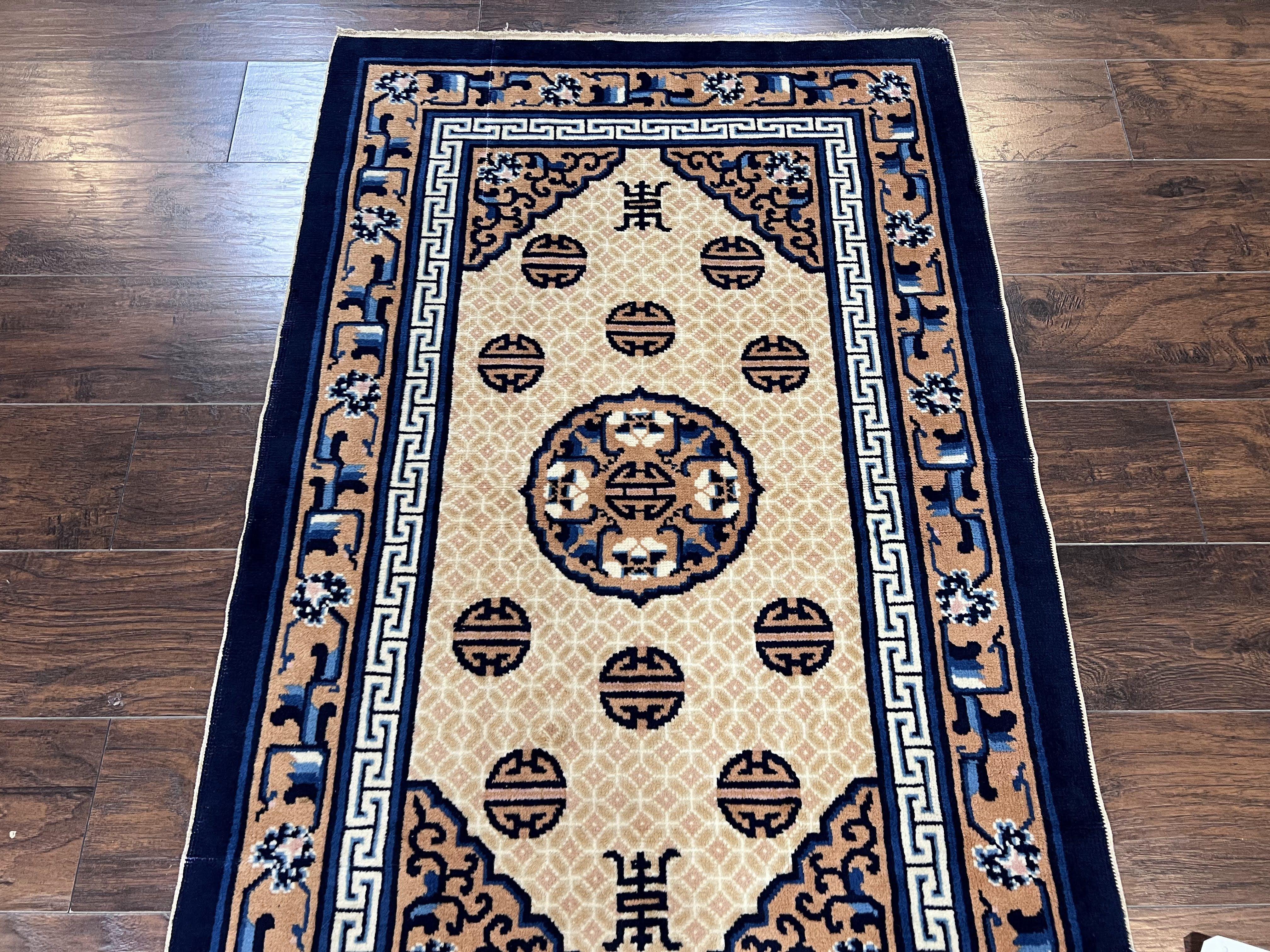 Chinese Peking Rug 3x5, Antique Chinese Art Deco Carpet, Blue Ivory Tan, Hand Knotted Wool Asian Oriental Rug 3 x 5 Vintage Small Peking Rug - Jewel Rugs