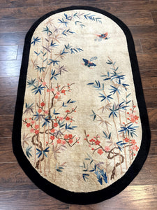 Antique Chinese Oval Rug 3.9 x 6.7, Floral, Butterflies, Chinese Wool Art Deco Peking Carpet, Beige, Handmade