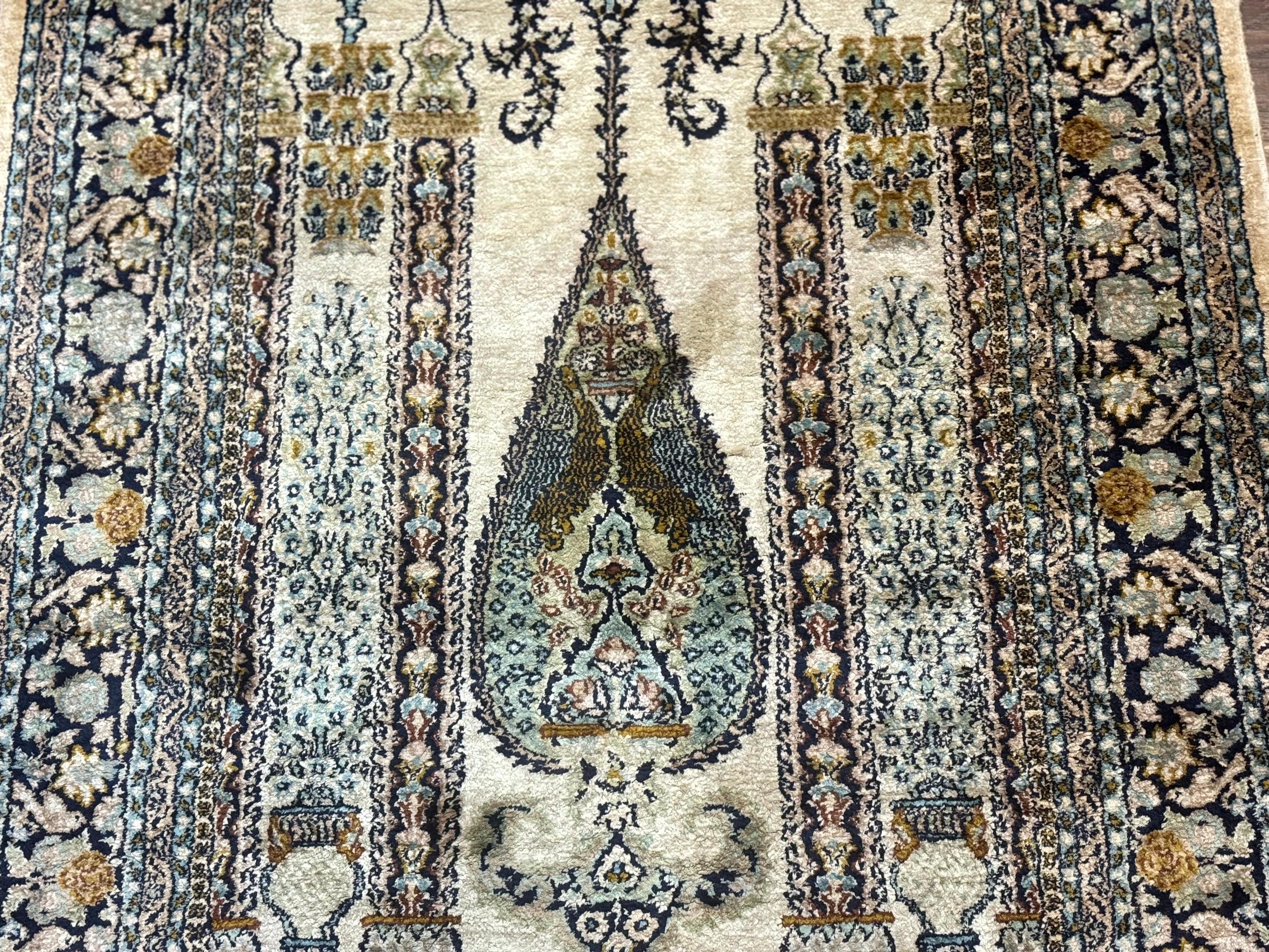 Silk Indian Kashmiri Rug 3x4, Very Fine 400 KPSI, Silk Prayer Rug, Handmade - Jewel Rugs