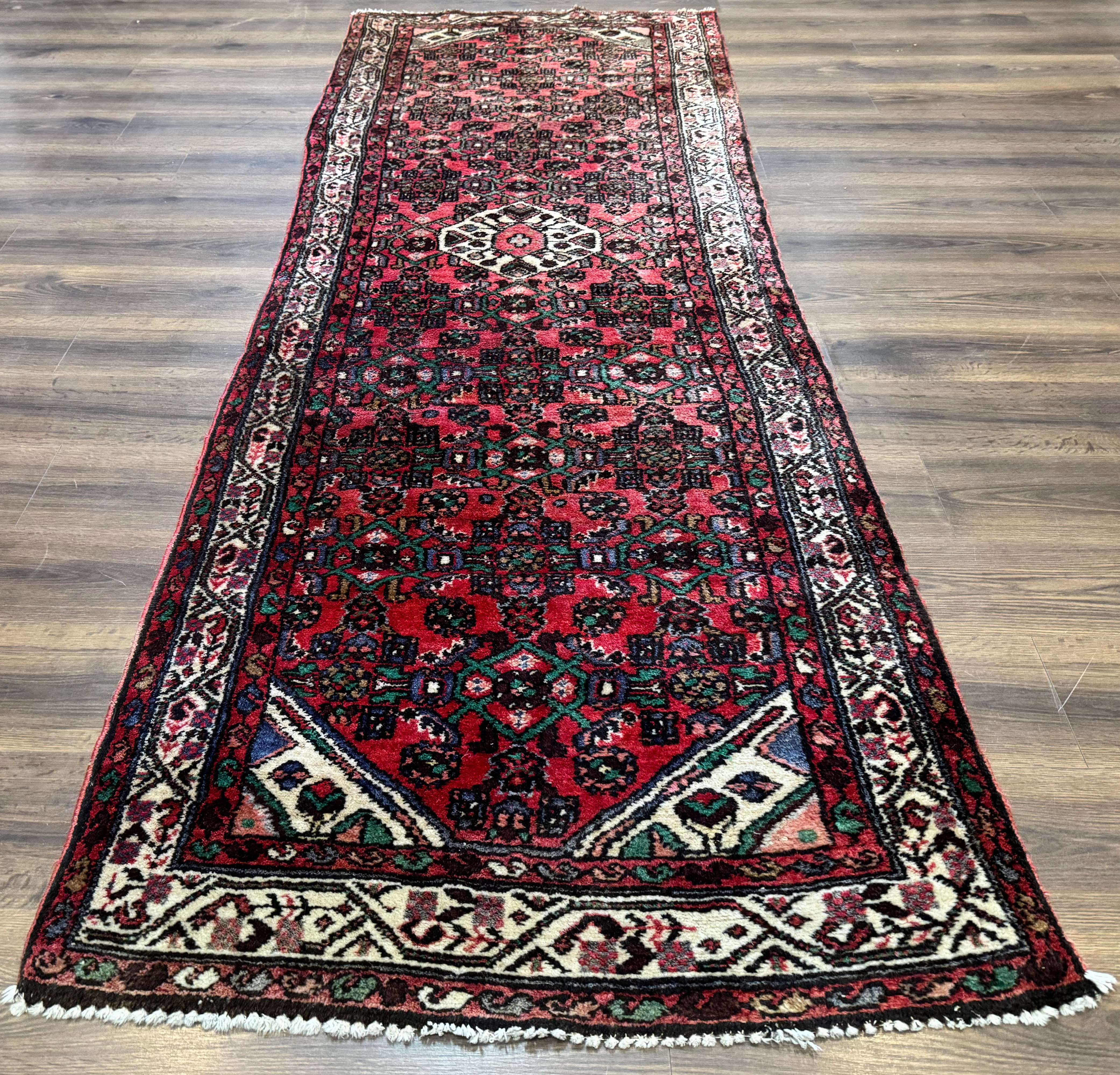 Persian Runner Rug 3x10, Wool Hand Knotted Hallway Rug 3 x 10 ft, Red and Ivory, Hamadan Angelas Runner - Jewel Rugs