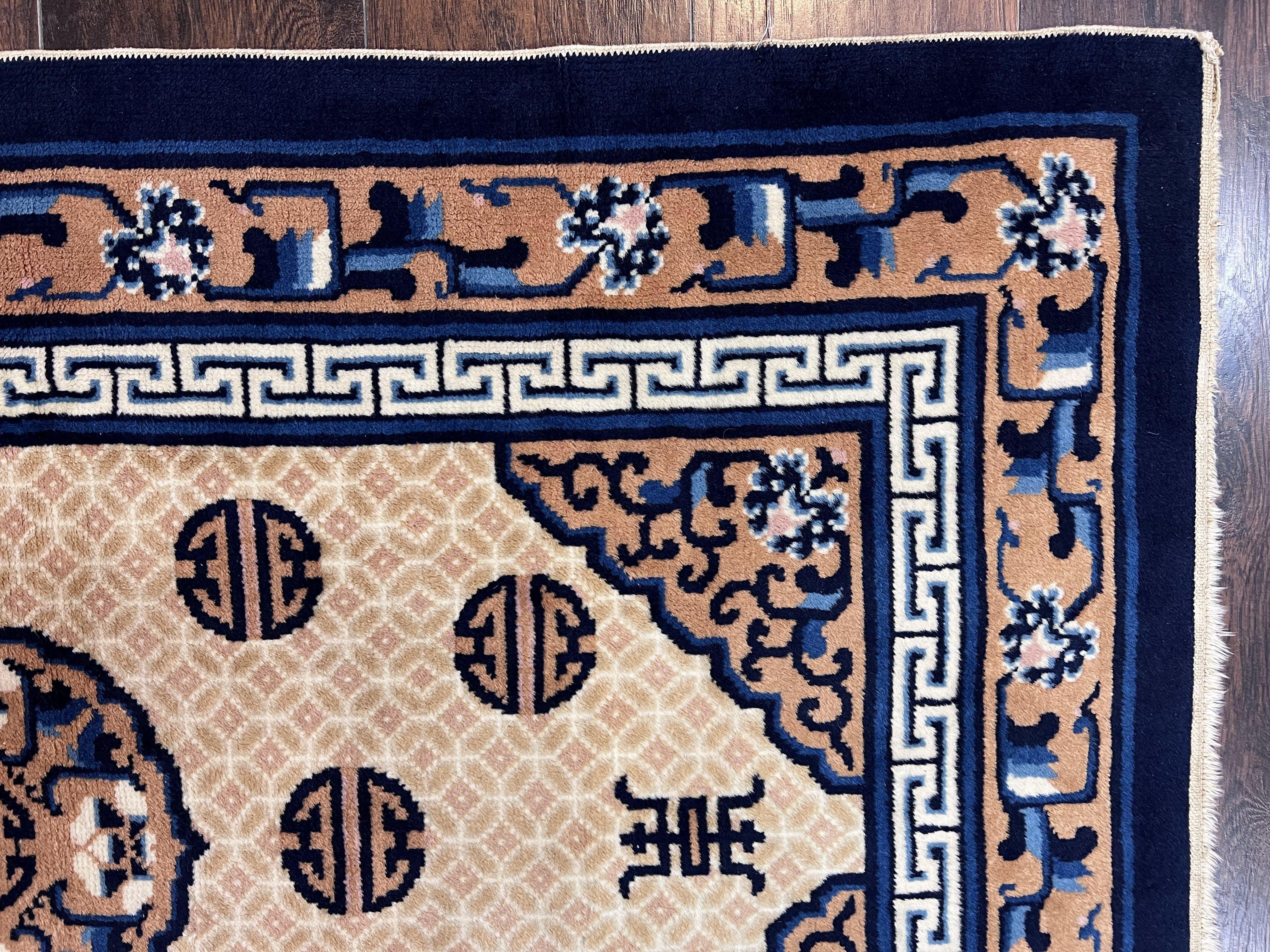 Chinese Peking Rug 3x5, Antique Chinese Art Deco Carpet, Blue Ivory Tan, Hand Knotted Wool Asian Oriental Rug 3 x 5 Vintage Small Peking Rug - Jewel Rugs