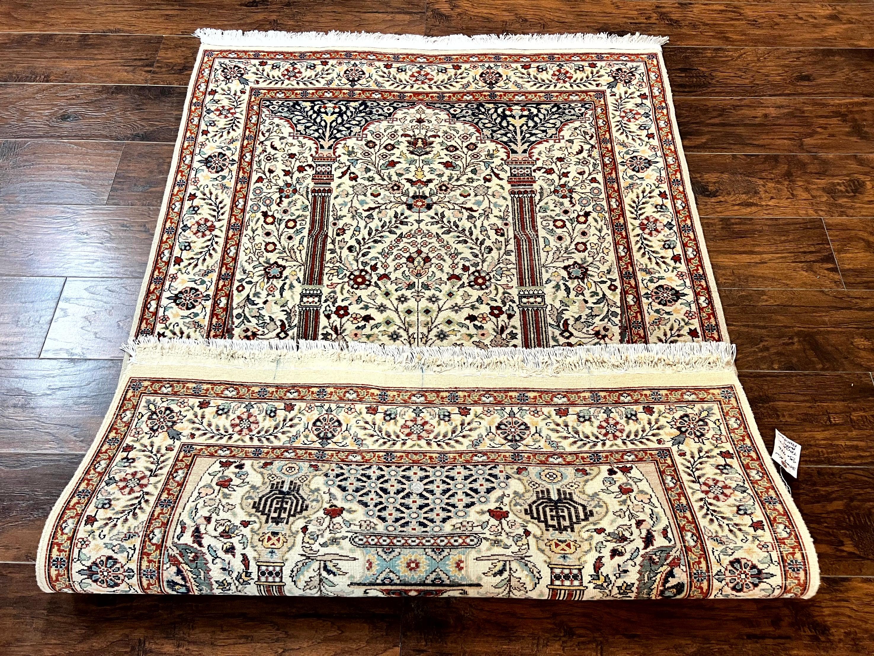 Pak Perisan Prayer Rug 4x6, Tree of LIfe Carpet, Handmade Vintage Wool Rug, Beige, Floral Vases - Jewel Rugs