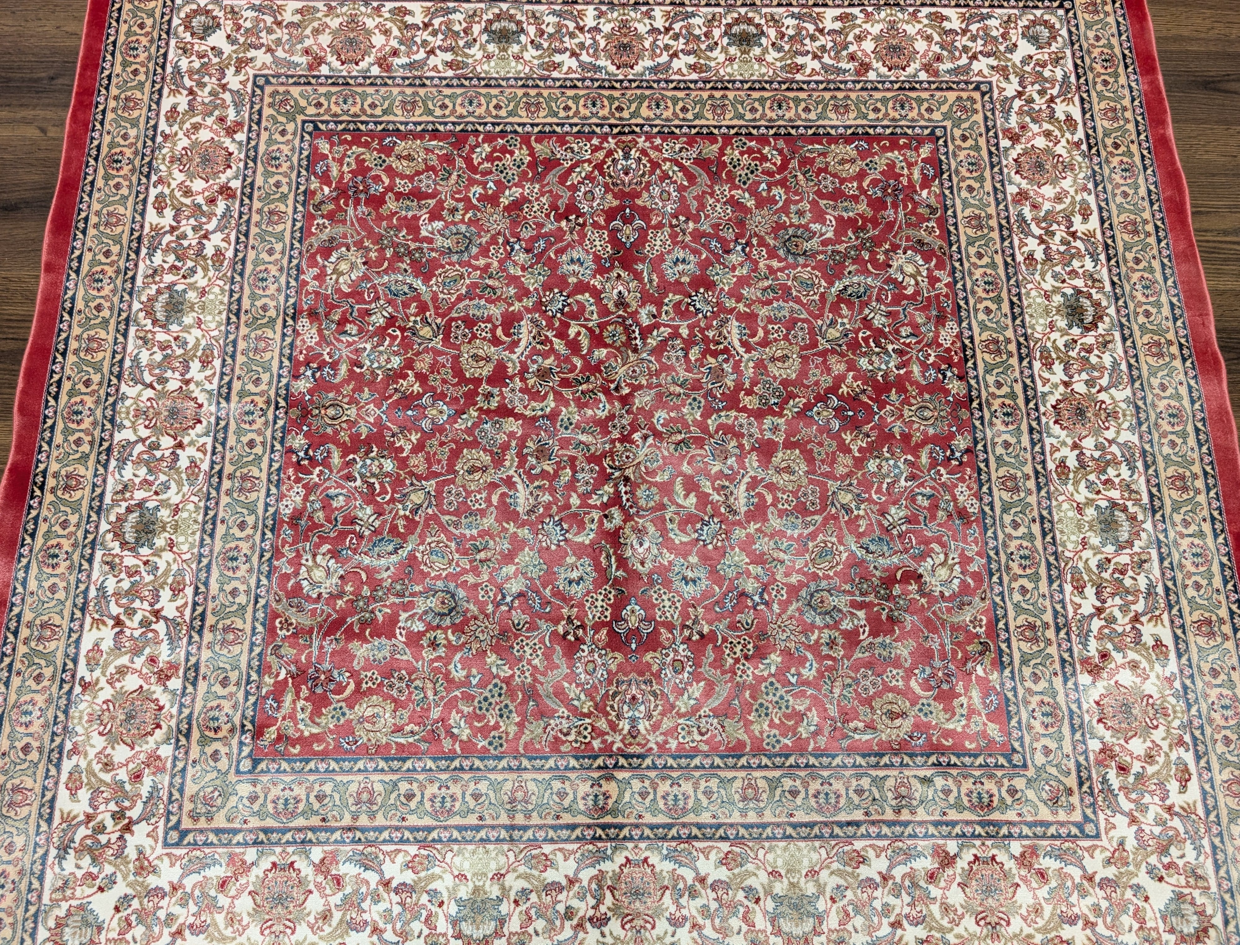 Square Silk Rug 5x5, Red and Ivory, Floral, Turkish Silk Carpet, New, Bamboo Silk - Jewel Rugs