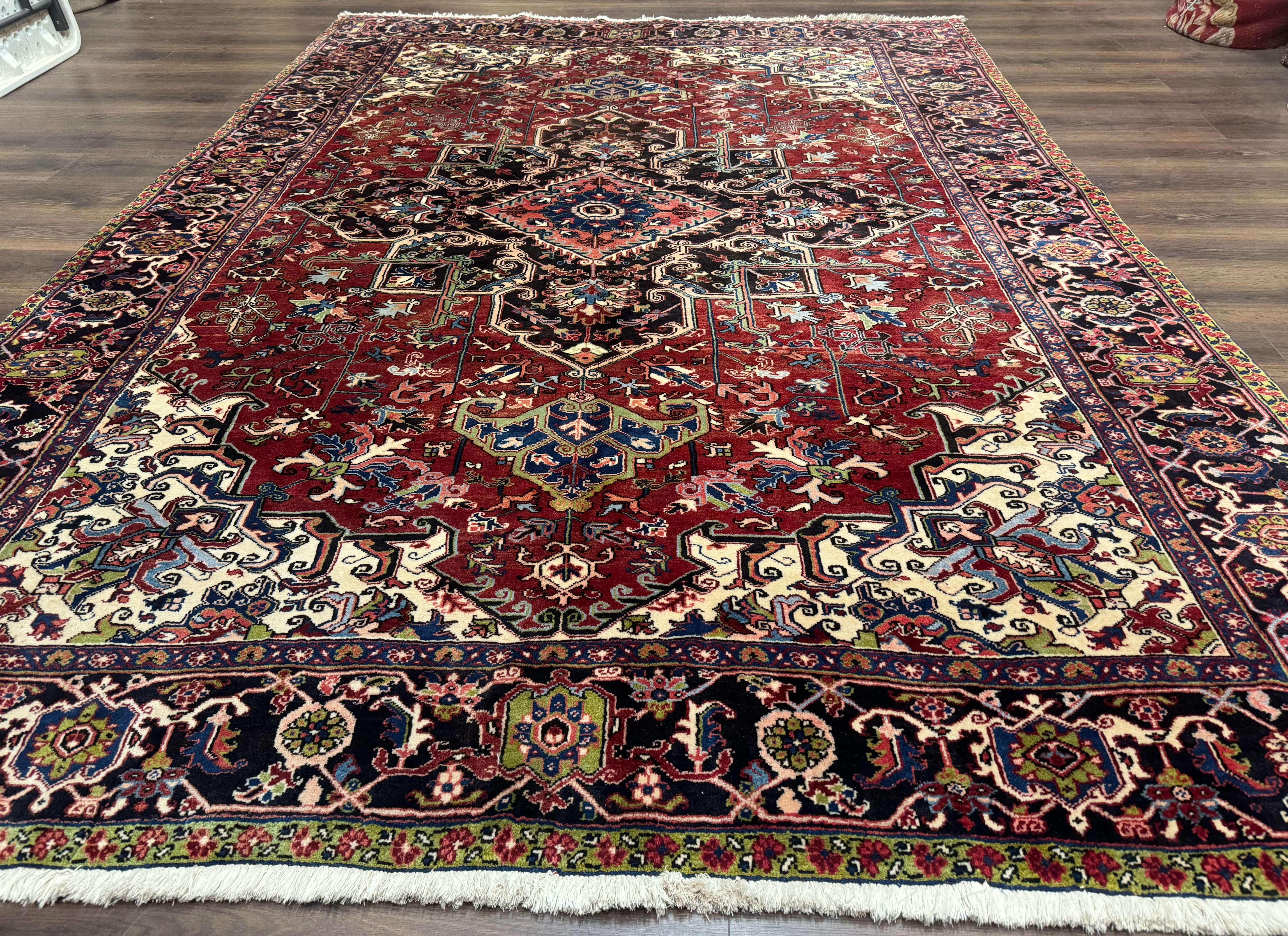 Antique Persian Heriz Rug 8x11, Geometric Tribal Wool Carpet, Brick Red - Jewel Rugs