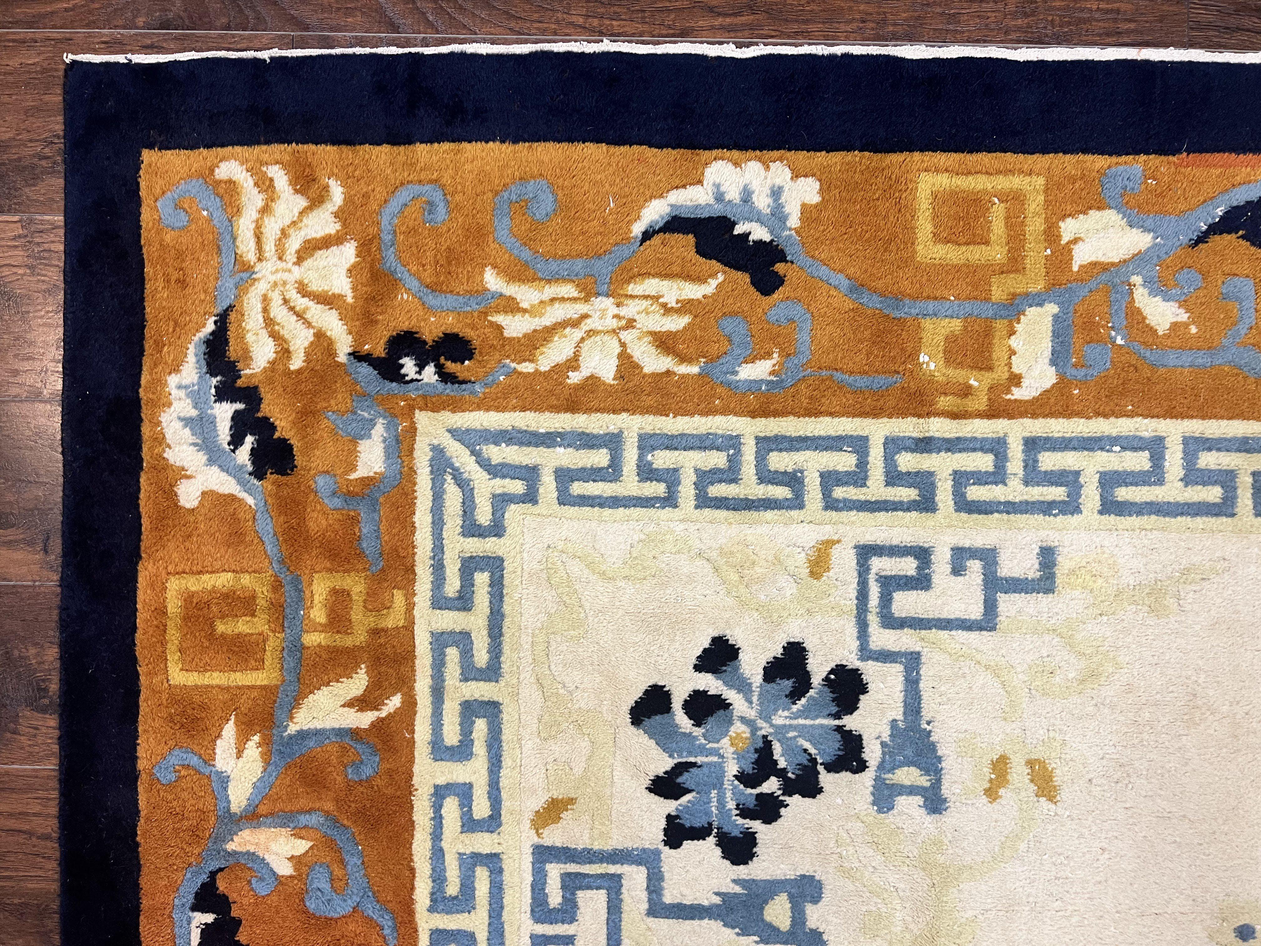 Indo Chinese Rug 9x12, Asian Oriental Carpet 9 x 12, Cream & Burnt Orange, Handmade Wool Vintage Art Deco Rug - Jewel Rugs