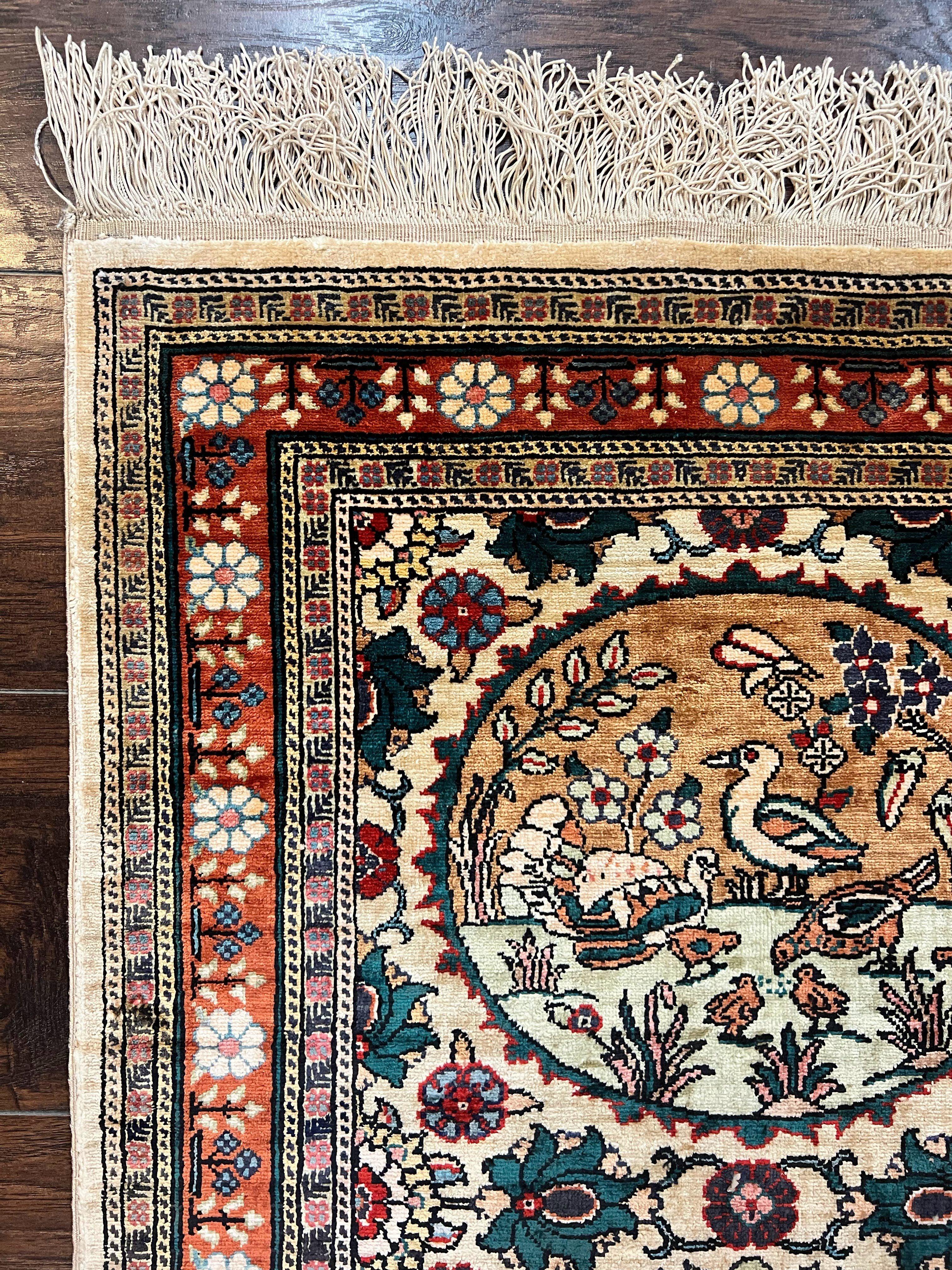Silk Turkish Rug 2x4, Fine Handmade Oriental Rug, Animal Pictorial Birds Silk Pile on Silk Foundation Vintage Hand Knotted Hereke Carpet - Jewel Rugs