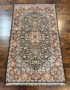 Silk Indian Kashmiri Rug 3x5, Indo Persian Silk on Silk Carpet, Very Fine 350 KPSI, Navy Blue, Handmade, Floral Medallion