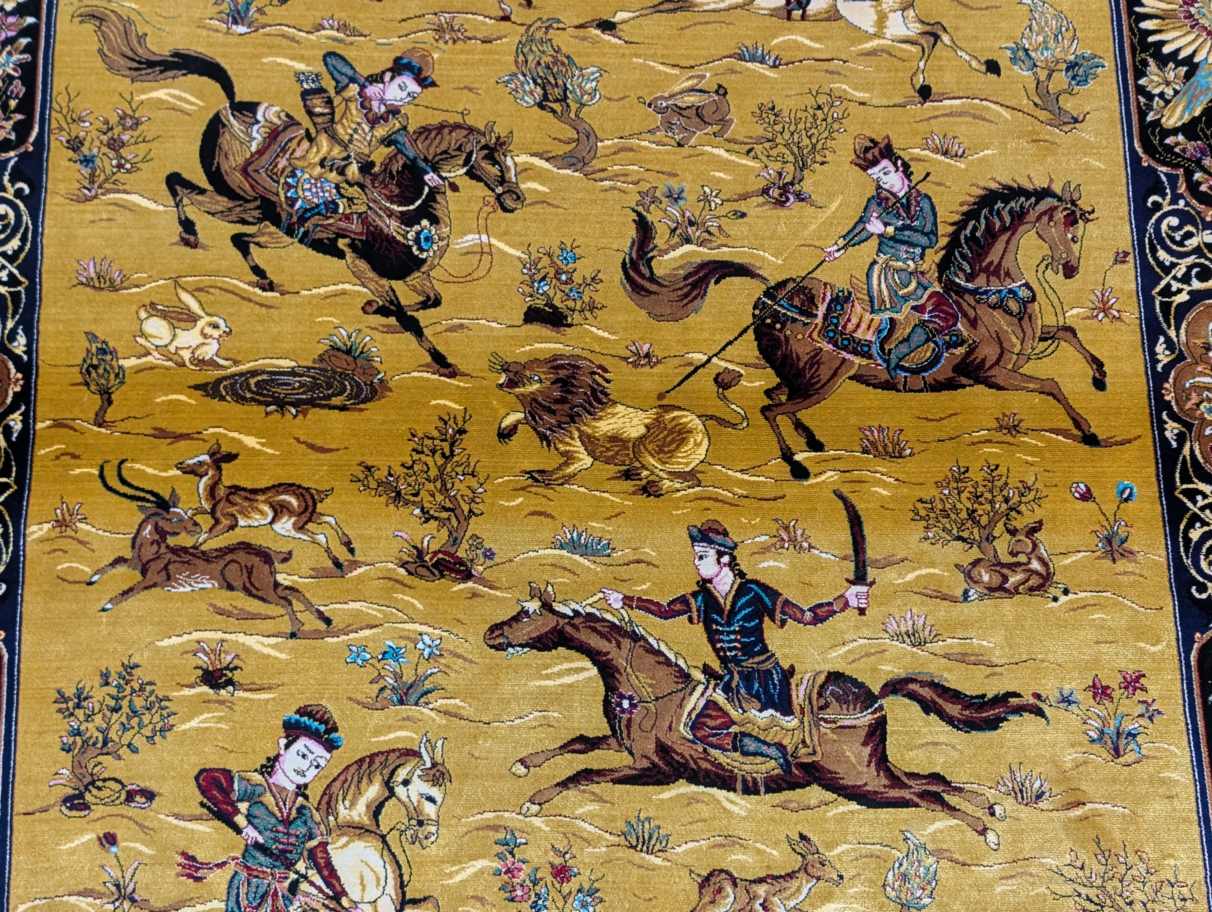 Hunting Pattern Silk Rug 3x5, Animal Pictorials, Persian Design Silk Carpet, Bamboo Silk, New - Jewel Rugs