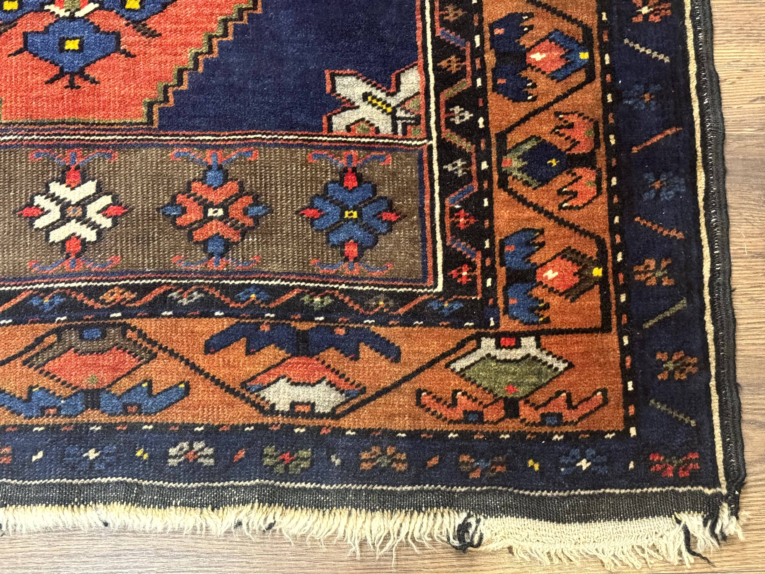 Persian Rug 3x6, Geometric Medallion, Village Tribal Rug, Terracotta and Navy Blue, Antique Nahavand Hamadan Rug - Jewel Rugs