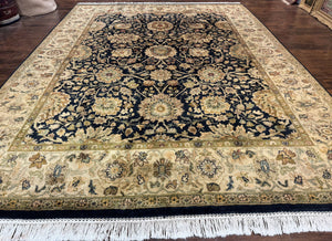 Indo Persian Rug 9x12, Handmade Vintage Wool Floral Carpet, Navy Blue Beige