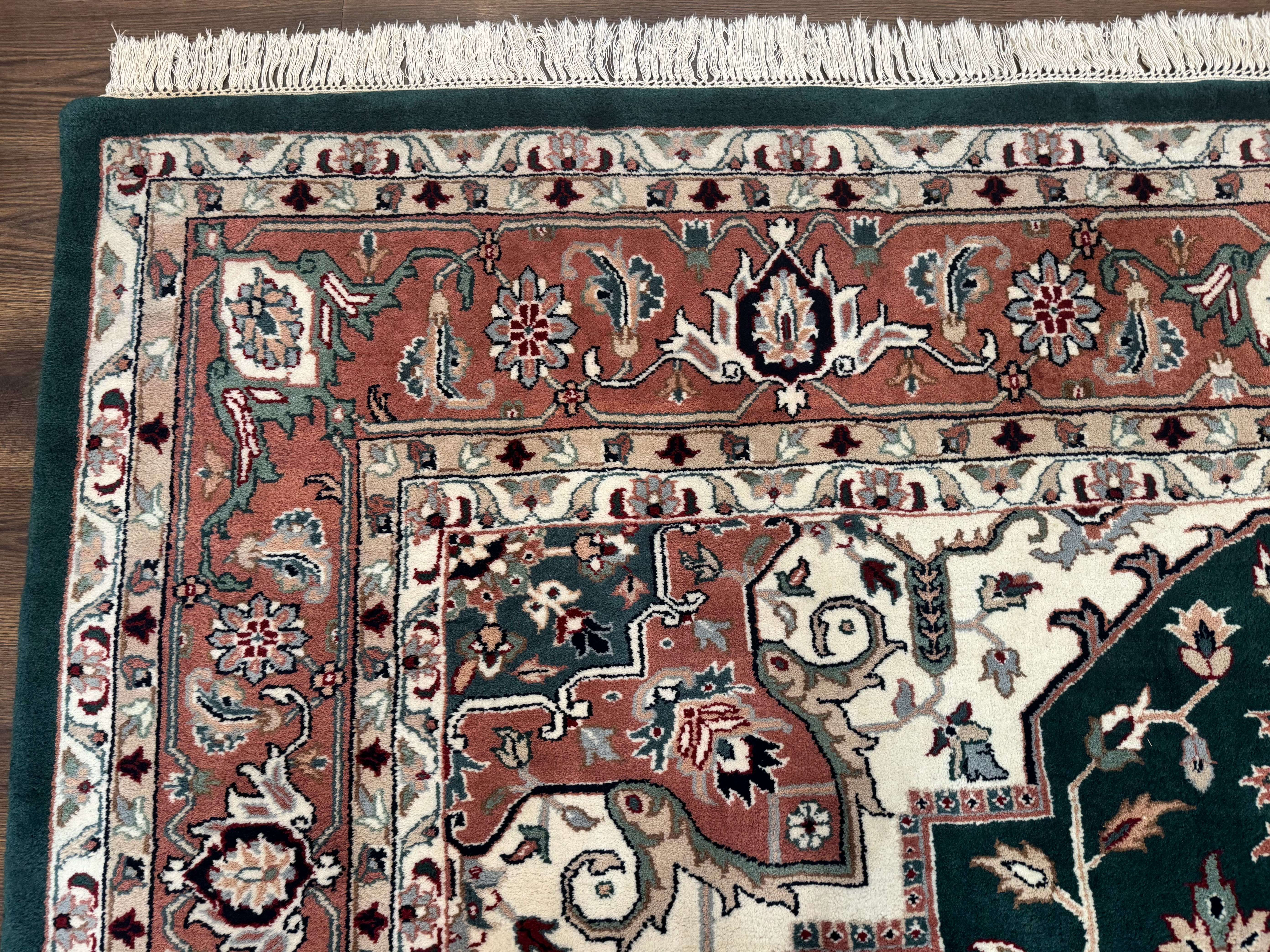 Indo Persian Heriz Rug 9x12, Dark Green & Ivory, Wool Hand Knotted Carpet - Jewel Rugs