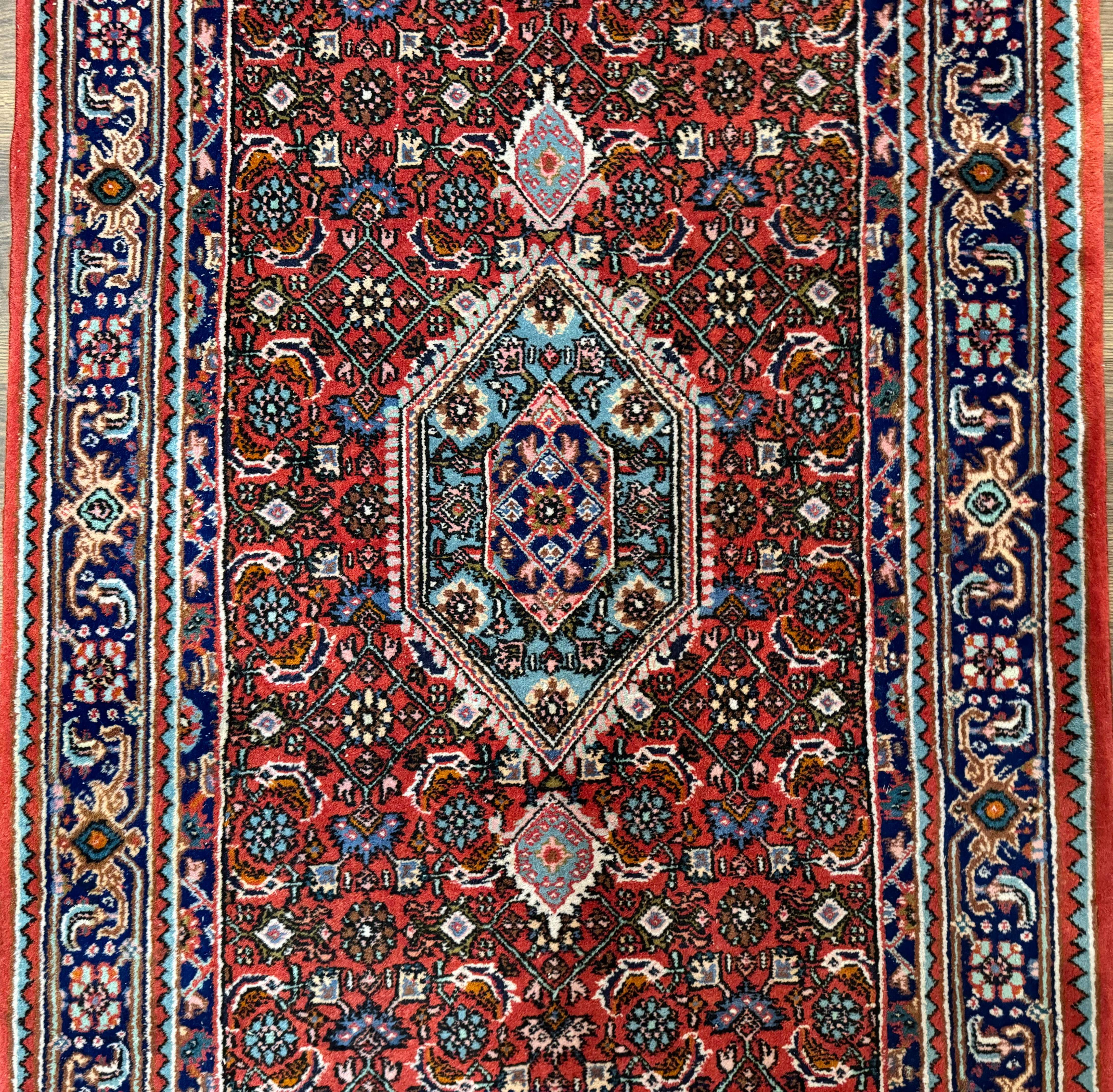 Indo Persian Bidjar Runner Rug 3 x 18.6, Red Navy Blue, Long Runner, Wool Oriental Carpet - Jewel Rugs