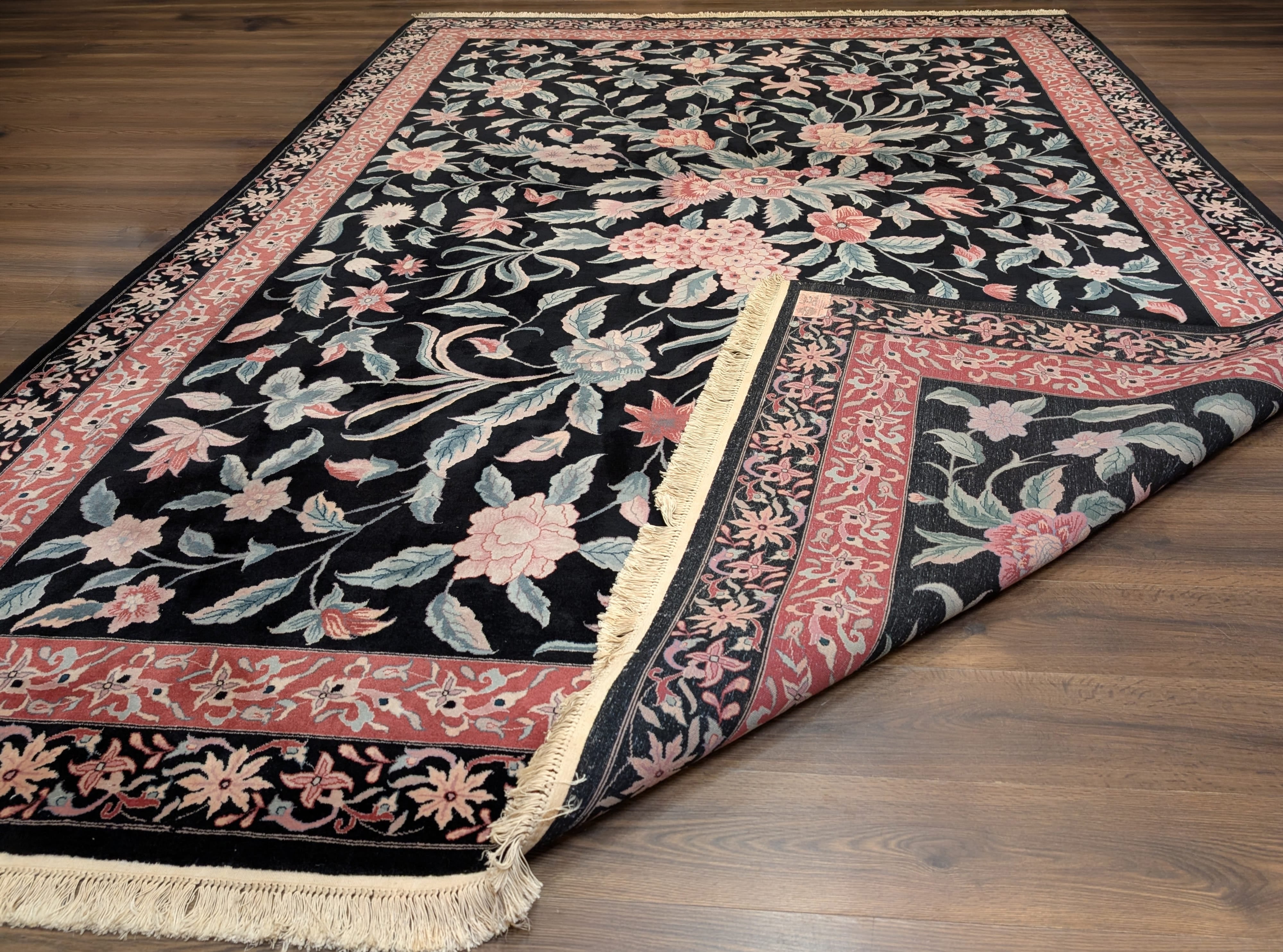 Chinese Wool Rug 10x14, Floral Botanical, Fine 225 KPSI, Black