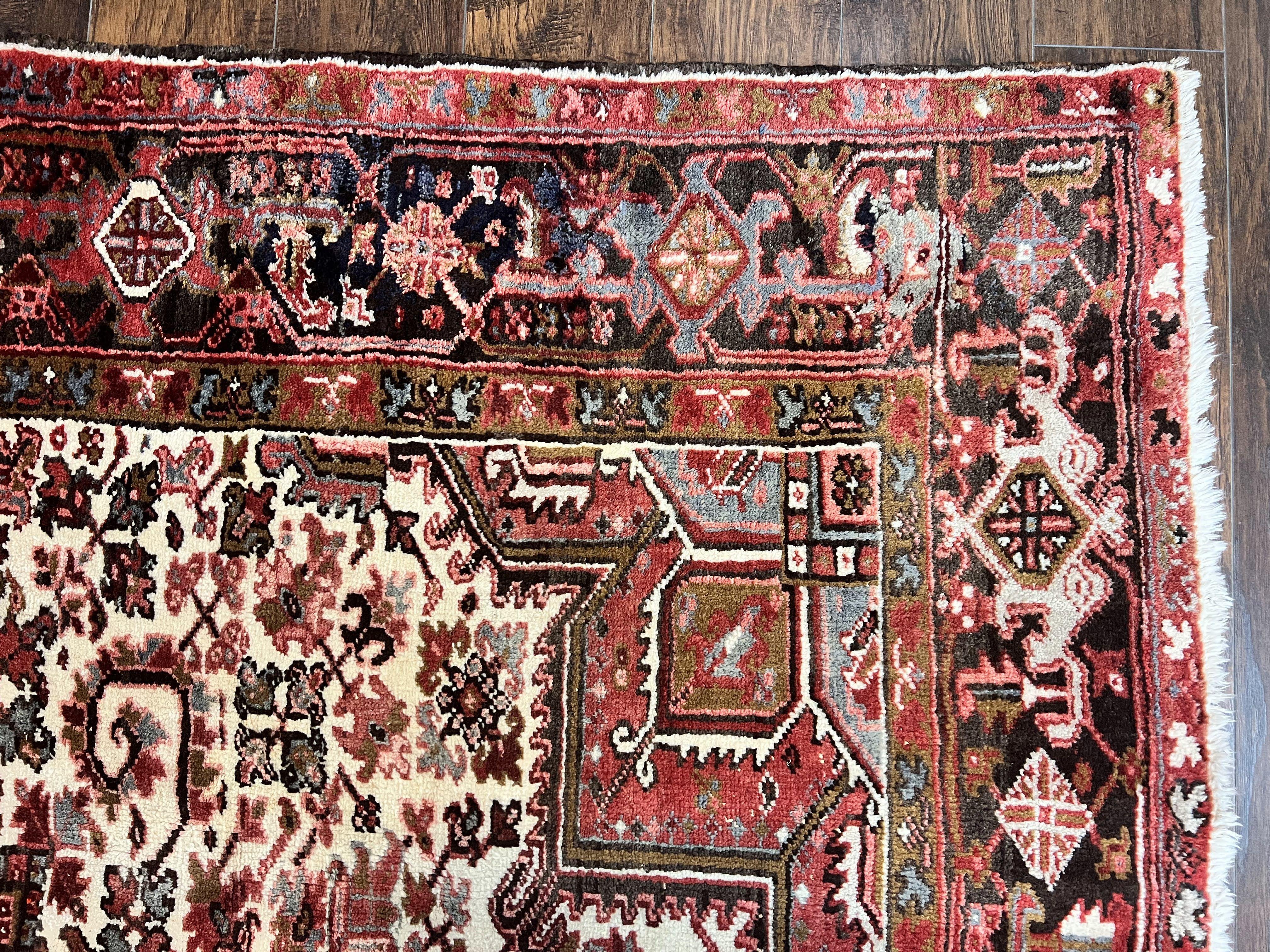 Large Persian Heriz Rug 10x13, Red and Cream Geometric Tribal Room Sized Handmade Wool Hand Knotted Semi Antique Decorative Oriental Carpet - Jewel Rugs