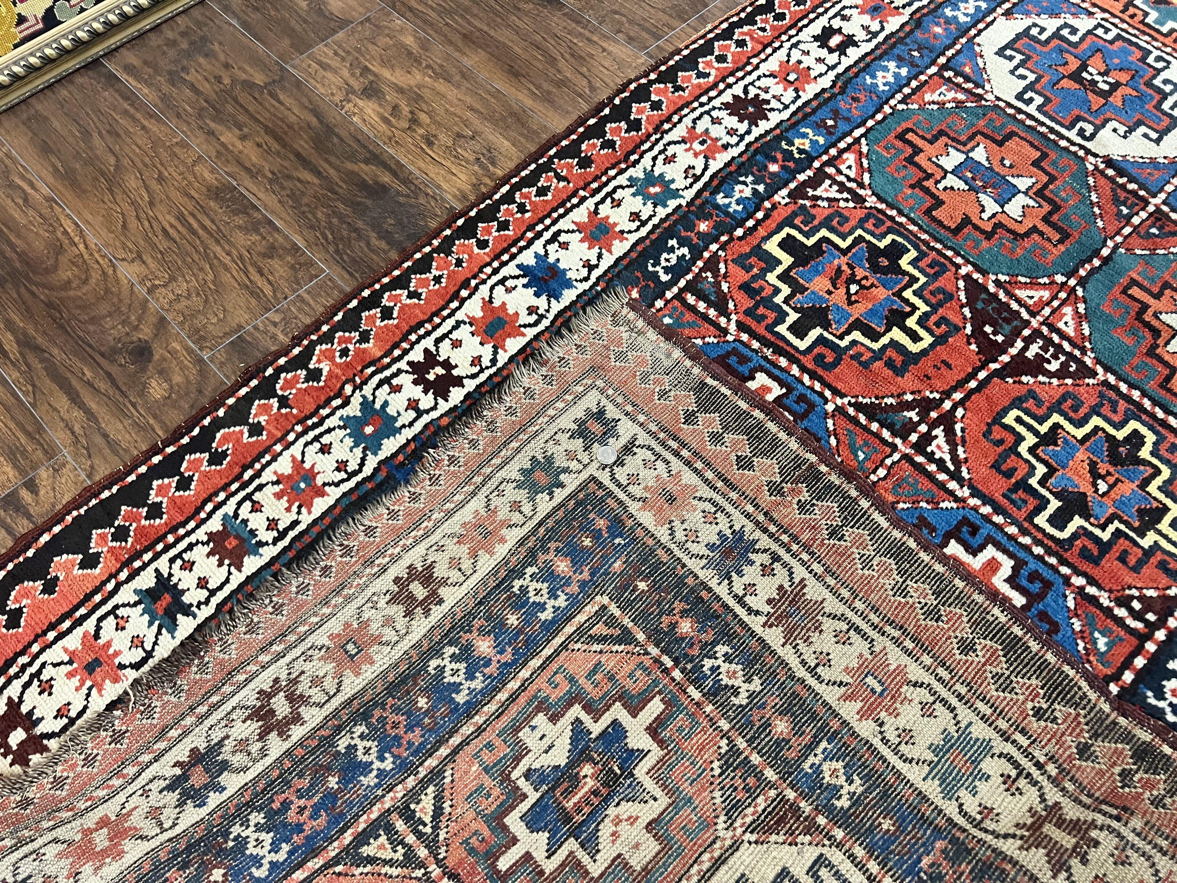 Antique Caucasian Kazak Runner Rug 4 x 9.5, Handmade Wool Rug for Hallway, Rare Colorful Panel Design Mid 19th Century 1870s Oriental Carpet - Jewel Rugs