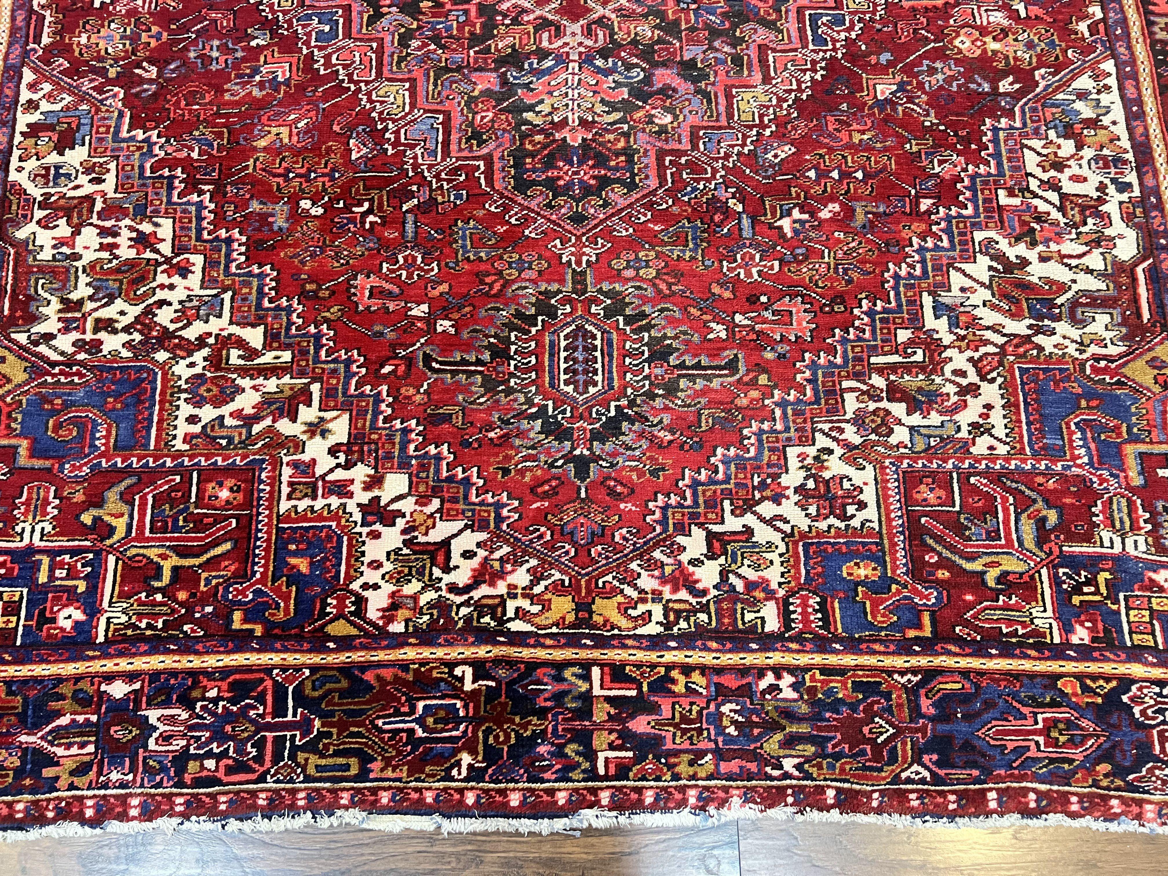 Persian Heriz Rug 9x11 ft, Geometric Rug 9 x 11, Red Room Sized Semi Antique Vintage Wool Hand Knotted Oriental Carpet - Jewel Rugs