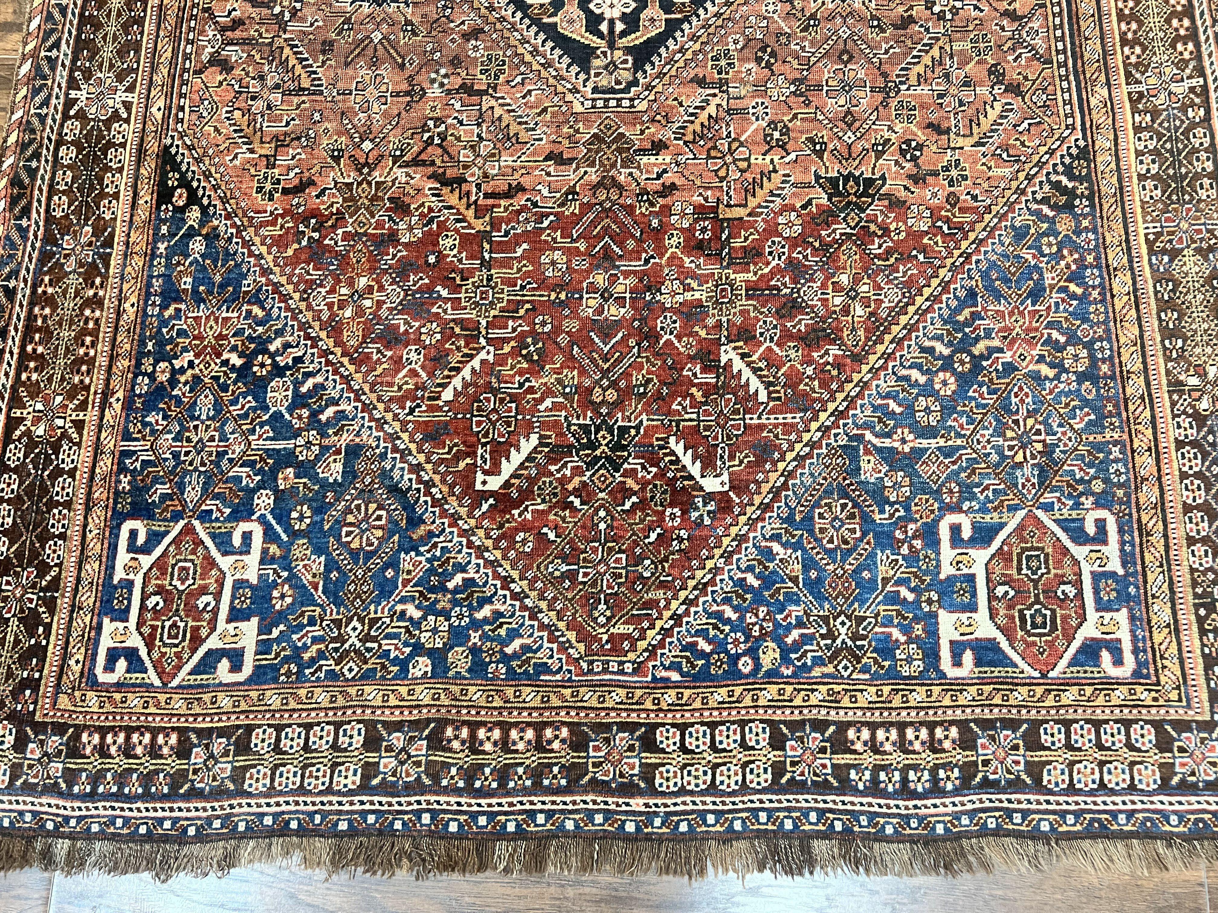 Antique Persian Shiraz Tribal Rug 6x8, Geometric Rug, Wool Handmade Hand Knotted Carpet, Red Blue - Jewel Rugs
