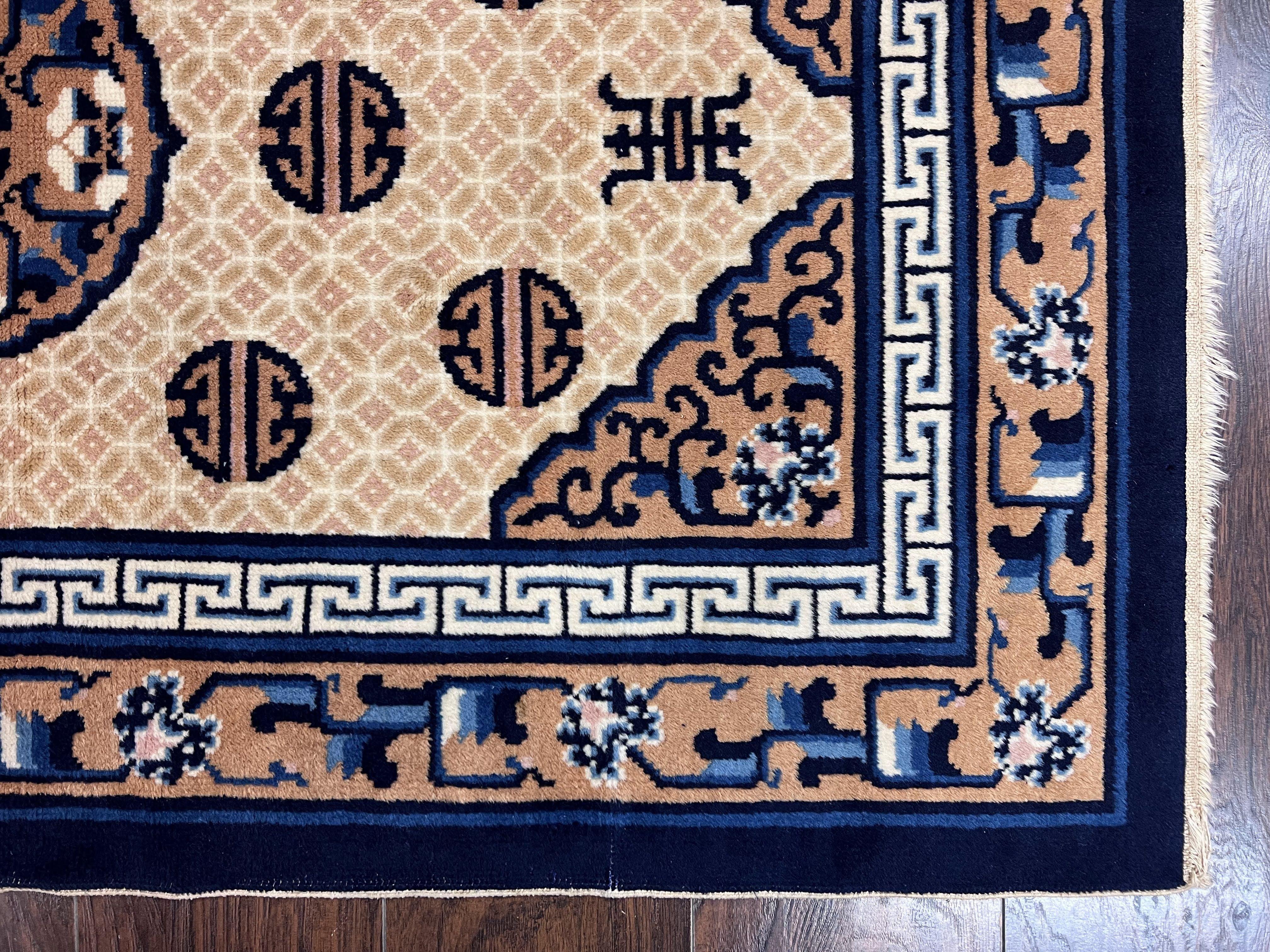 Chinese Peking Rug 3x5, Antique Chinese Art Deco Carpet, Blue Ivory Tan, Hand Knotted Wool Asian Oriental Rug 3 x 5 Vintage Small Peking Rug - Jewel Rugs