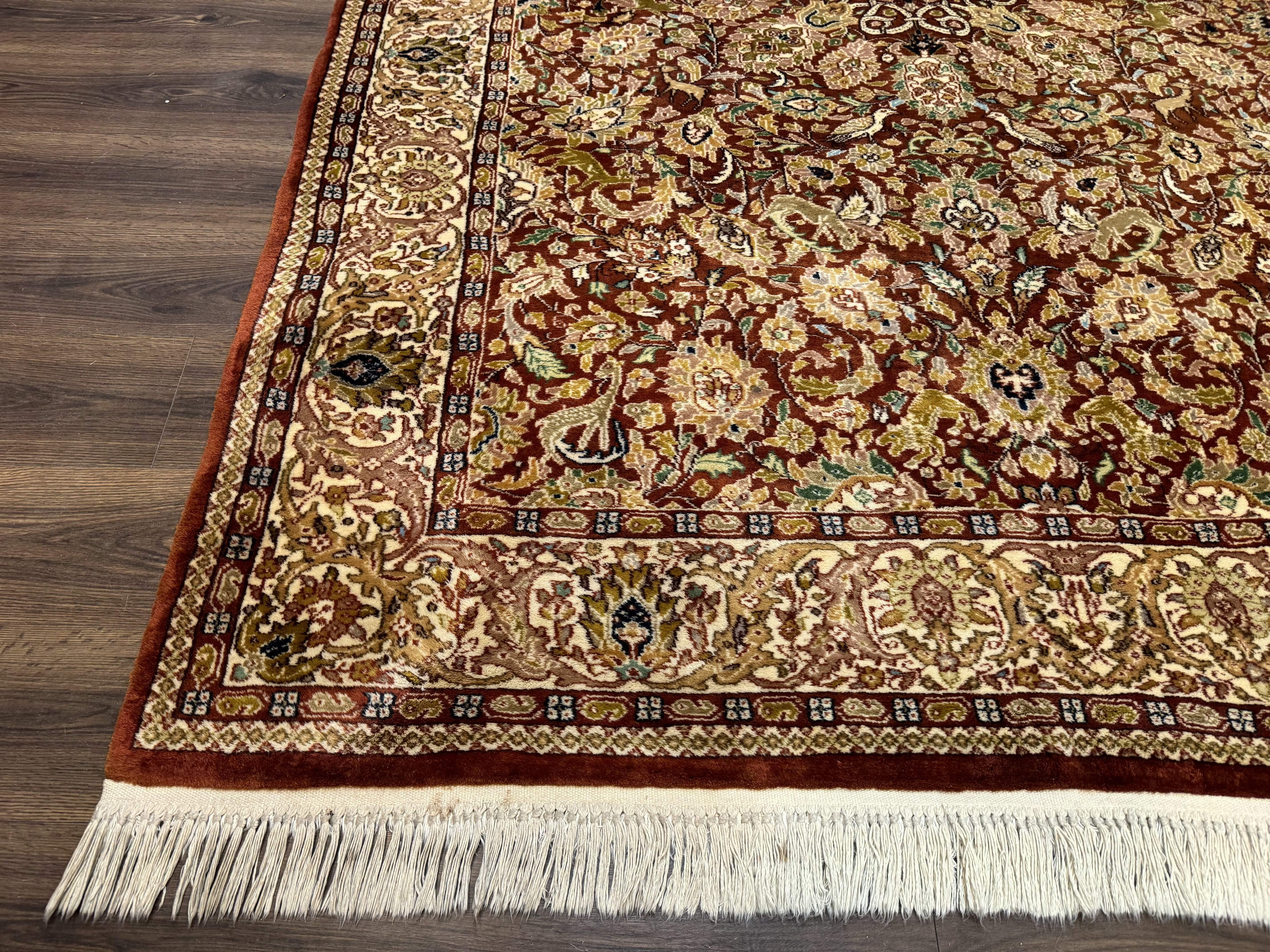 Tree of Life Indian Kashmiri Rug 6x9, Rust Red and Cream, Animal Pictorials, Fine 290 KPSI - Jewel Rugs