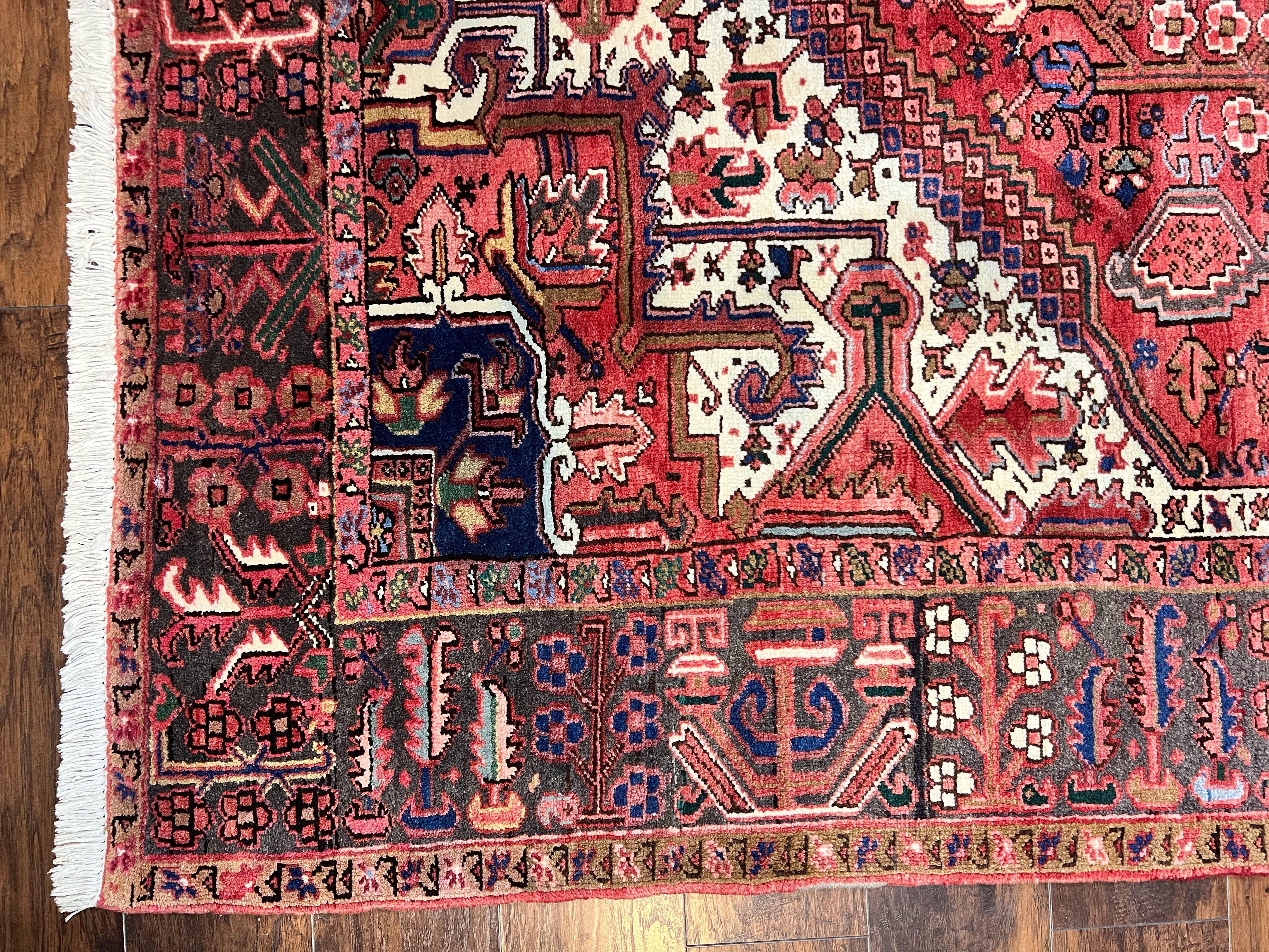 Persian Heriz Rug 10x13, Wool Hand Knotted Antique Carpet, Red Ivory, Geometric Rug 10 x 13 - Jewel Rugs