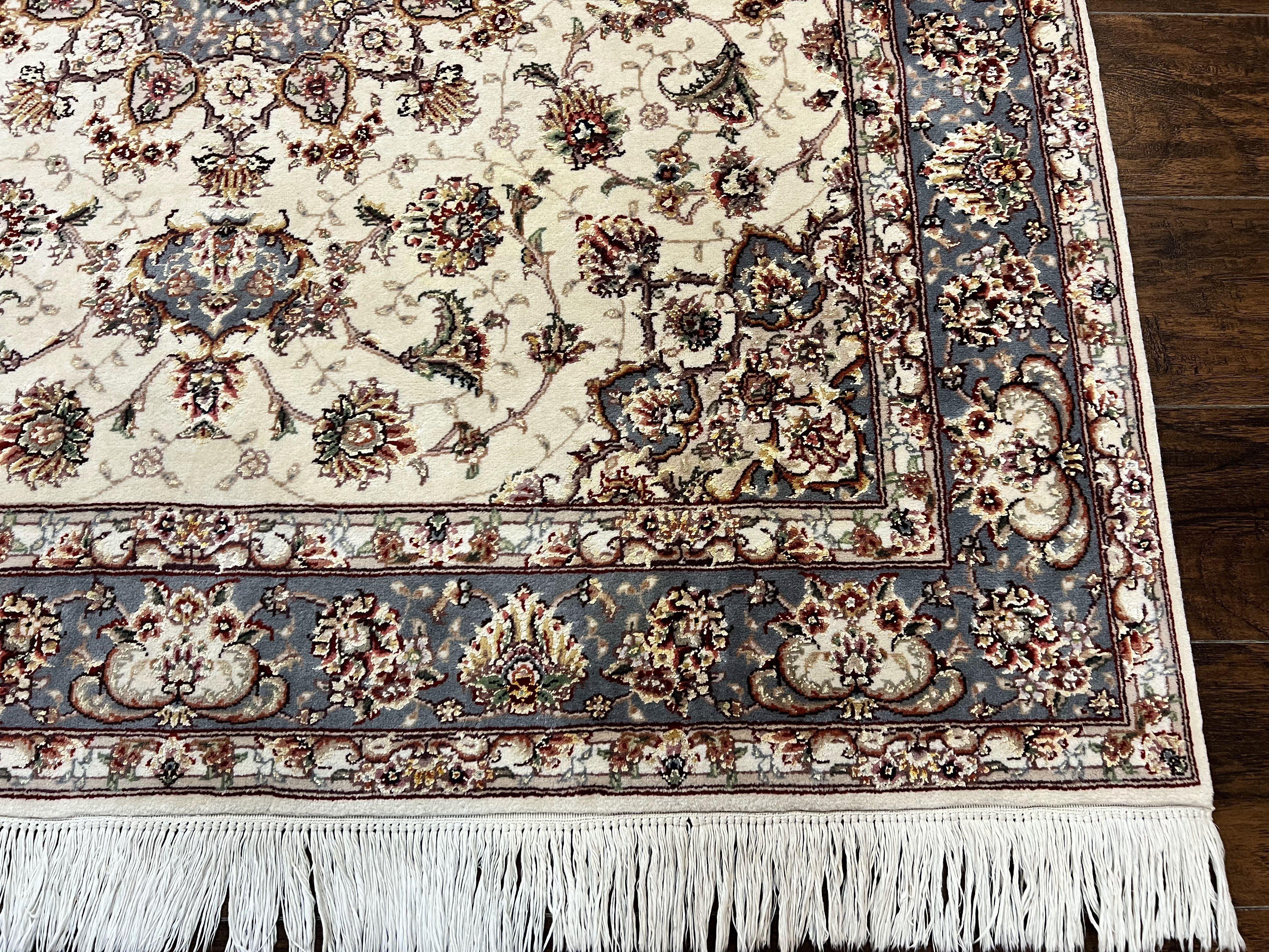 Sino Persian Square Rug 5x5, Very Fine Oriental Carpet, Wool & Silk Highlights, Ivory, Hand Knotted Handmade Vintage Traditional Rug - Jewel Rugs