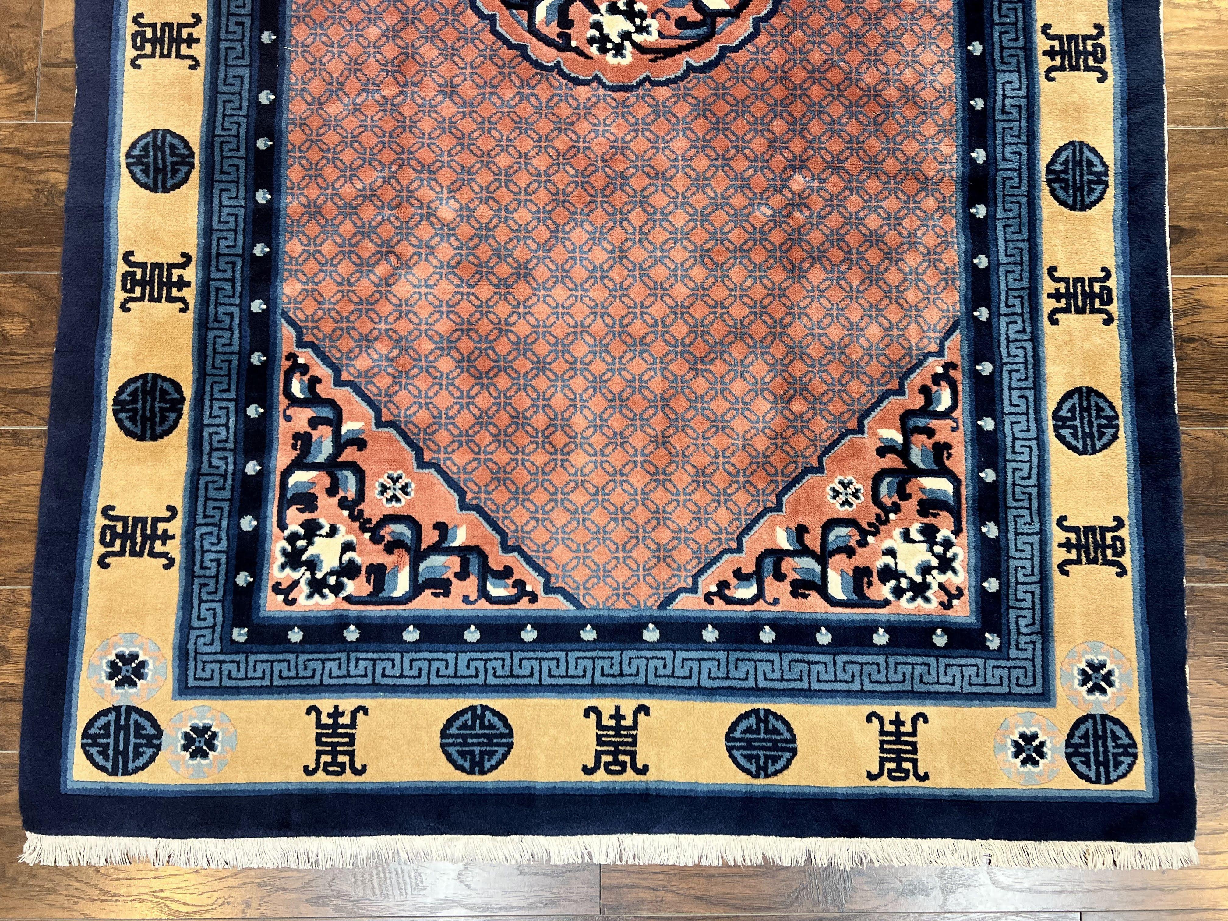 Chinese Peking Rug 5x8, Vintage Semi Antique Chinese Art Deco Carpet, Wool Pile Light Red/Salmon Gold Navy Blue, Handmade Asian Oriental Rug - Jewel Rugs