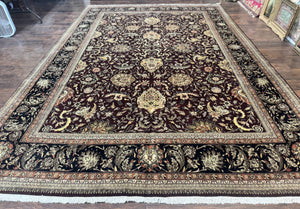 Indo Persian Rug 10x14, Floral Allover, Handmade Vintage Wool Rug, Dark Maroon/Plum and Black
