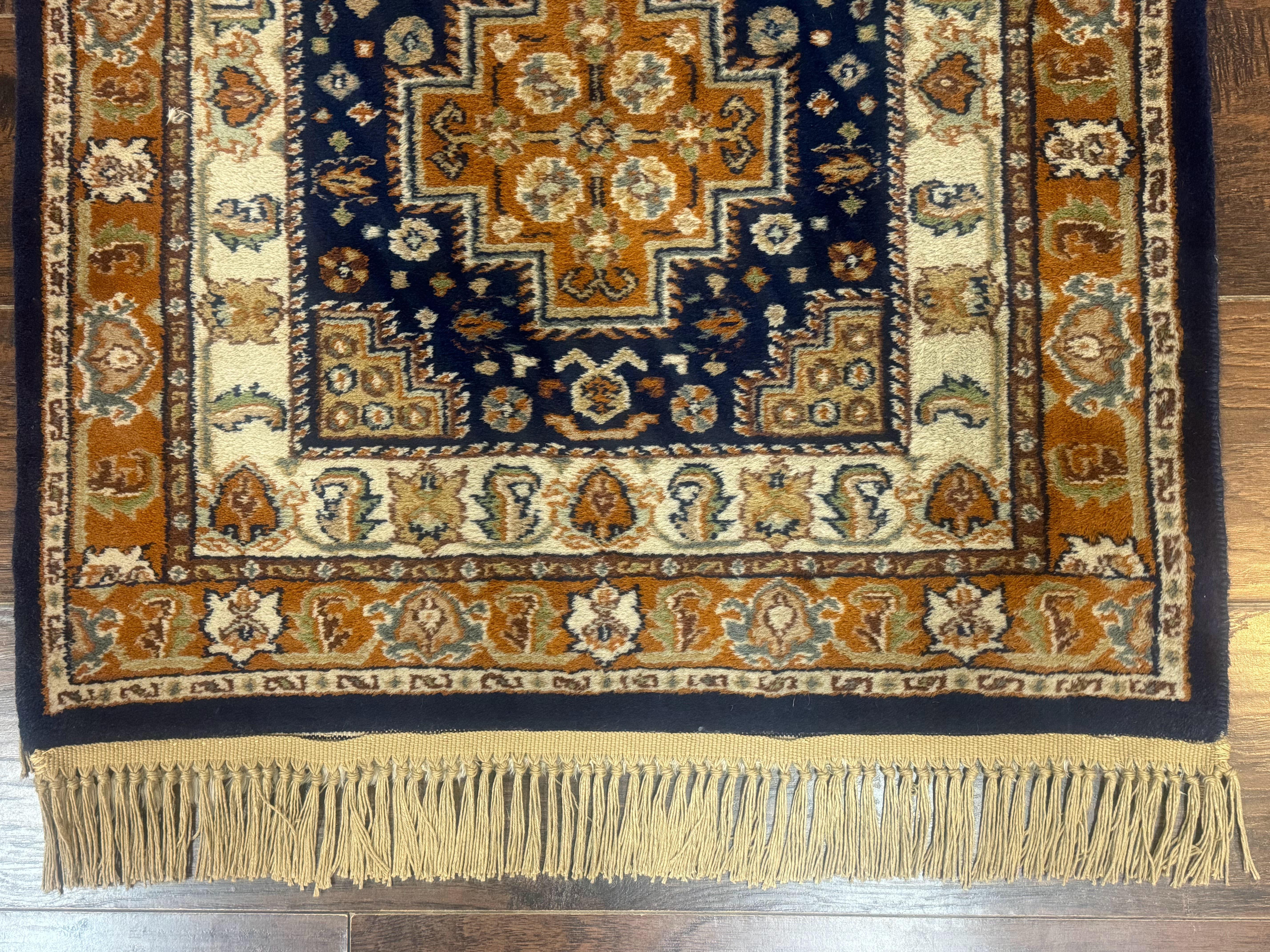 Indo Persian Runner Rug 2.6 x 12.7, Indian Kashmiri Runner for Hallway or Kitchen, Navy Blue, Geometric Medallions, Handmade Wool - Jewel Rugs