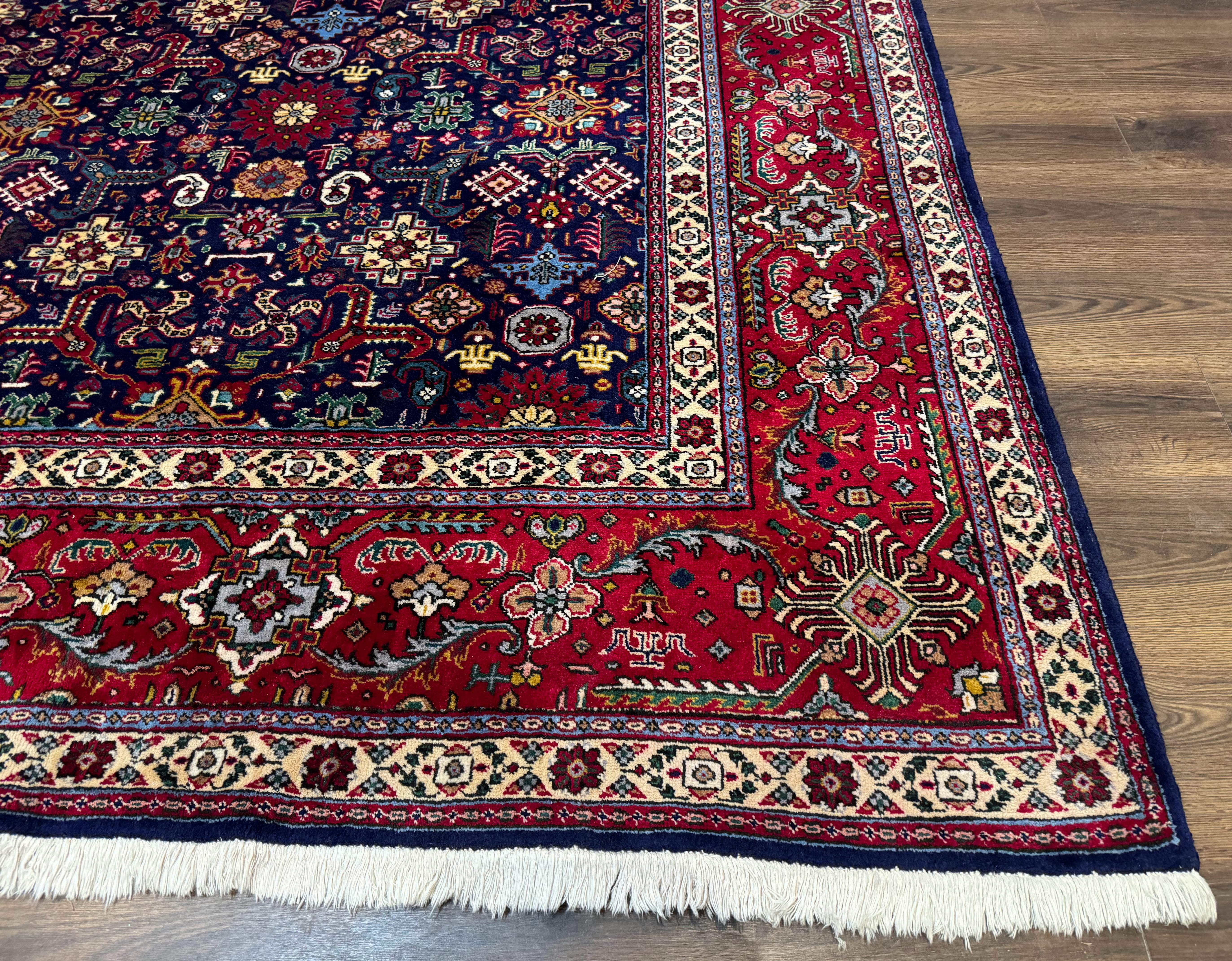 Large Persian Tabriz Rug 10x16, Navy Blue and Red, Allover Pattern, Vintage Hand Knotted Wool Carpet - Jewel Rugs