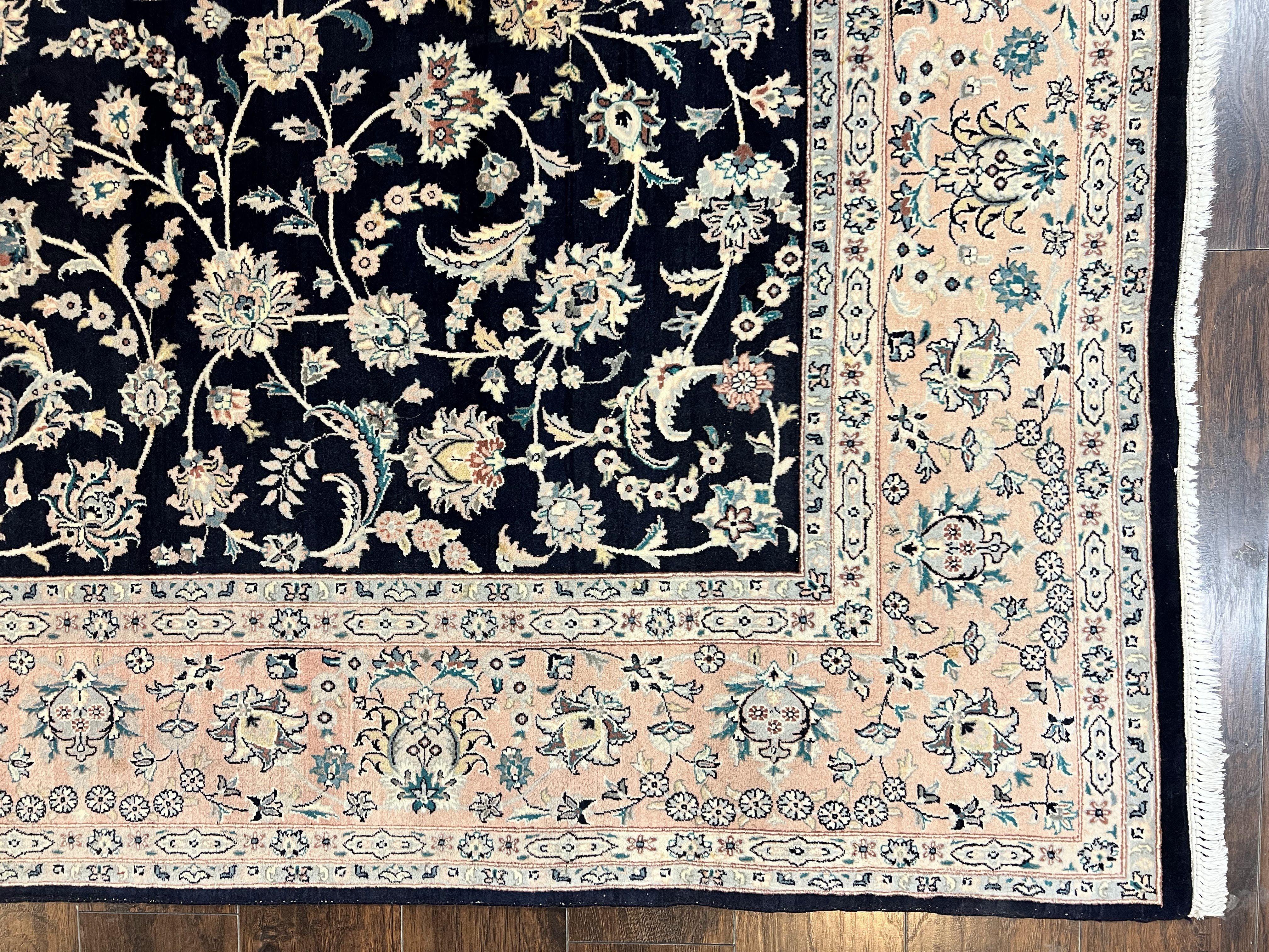 Pak Persian Rug 8x11, Fine Floral Allover Oriental Carpet 8 x 11 ft, Dark Blue and Pink, Room Sized Wool Vintage Rug, Hand Knotted Rug - Jewel Rugs