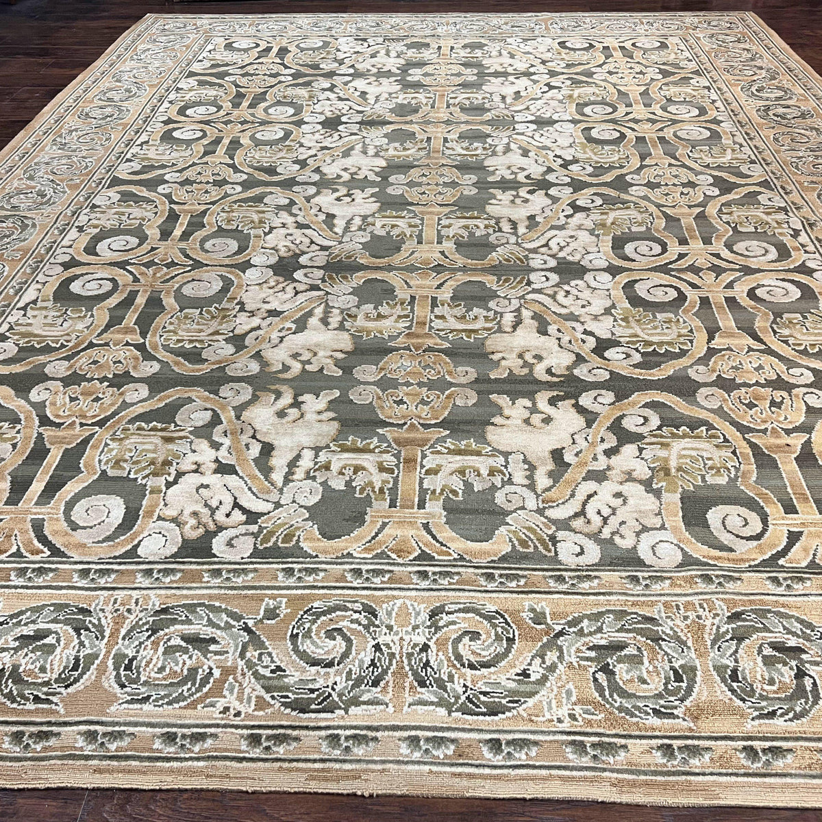 Spanish Rug 11x14, Wool Hand Knotted Vintage Carpet, Olive Green and B ...