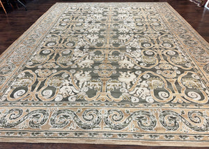 Spanish Rug 11x14, Wool Hand Knotted Vintage Carpet, Olive Green and Beige, Floral Allover, European Design, 11 x 14 Rug