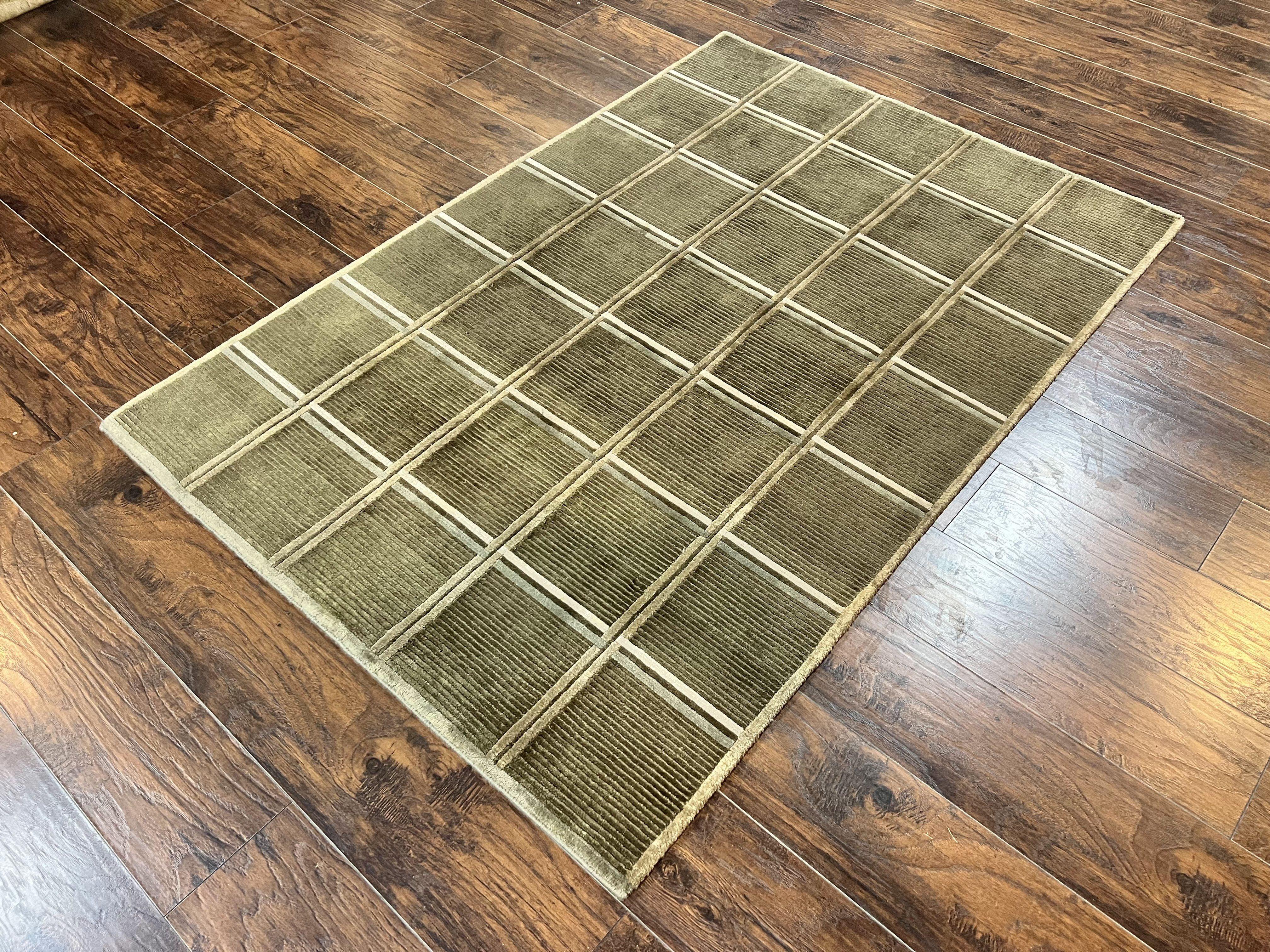 Tibetan Rug 4x6, Green Wool Handmade Area Rug 4 x 6, Panel Design, Modern Contemporary - Jewel Rugs