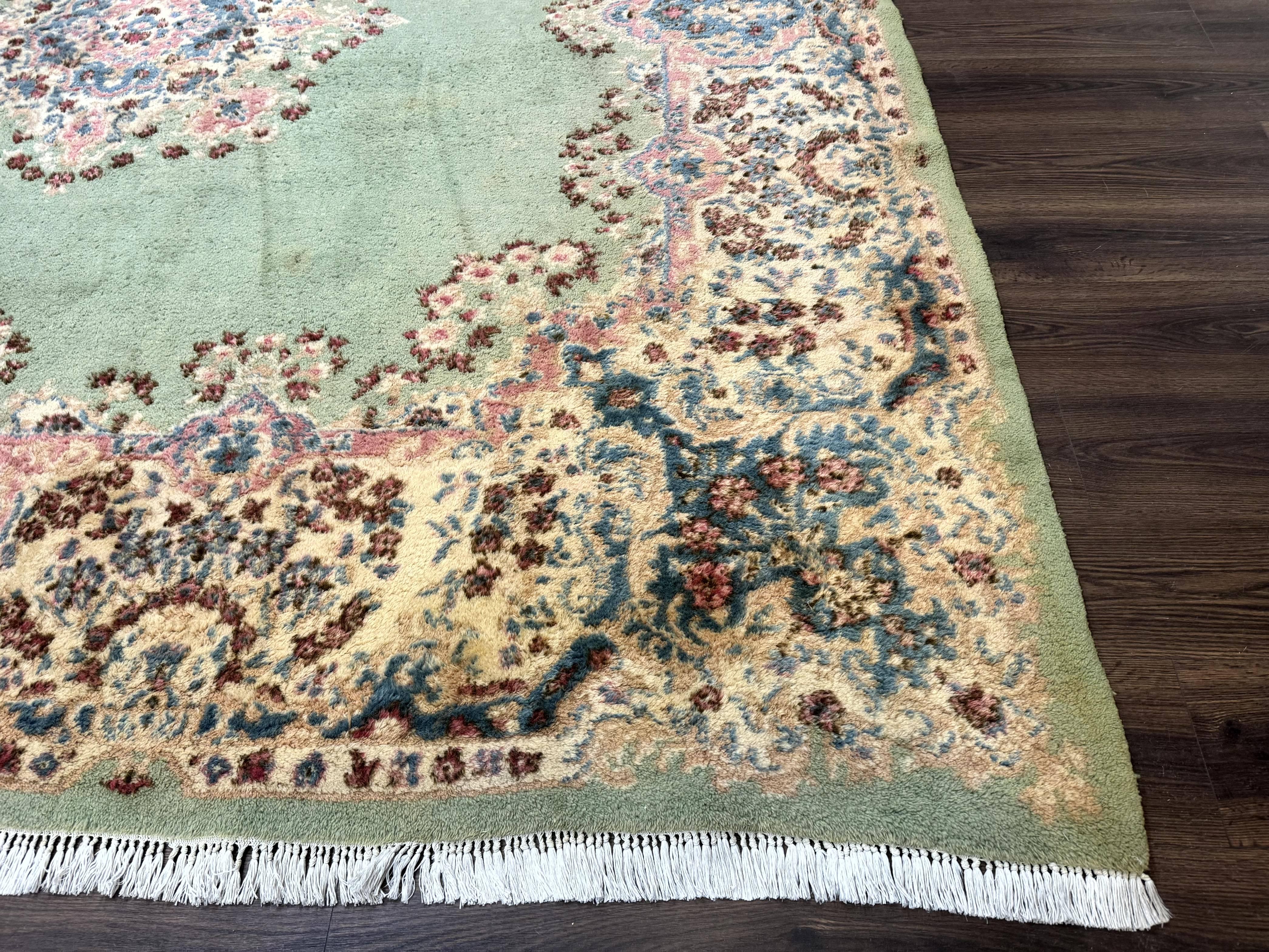 Green Persian Rug 10x10, Large Square Persian Carpet, Wool Rug, Open Field, Green and Beige Rug, Kerman Rug - Jewel Rugs