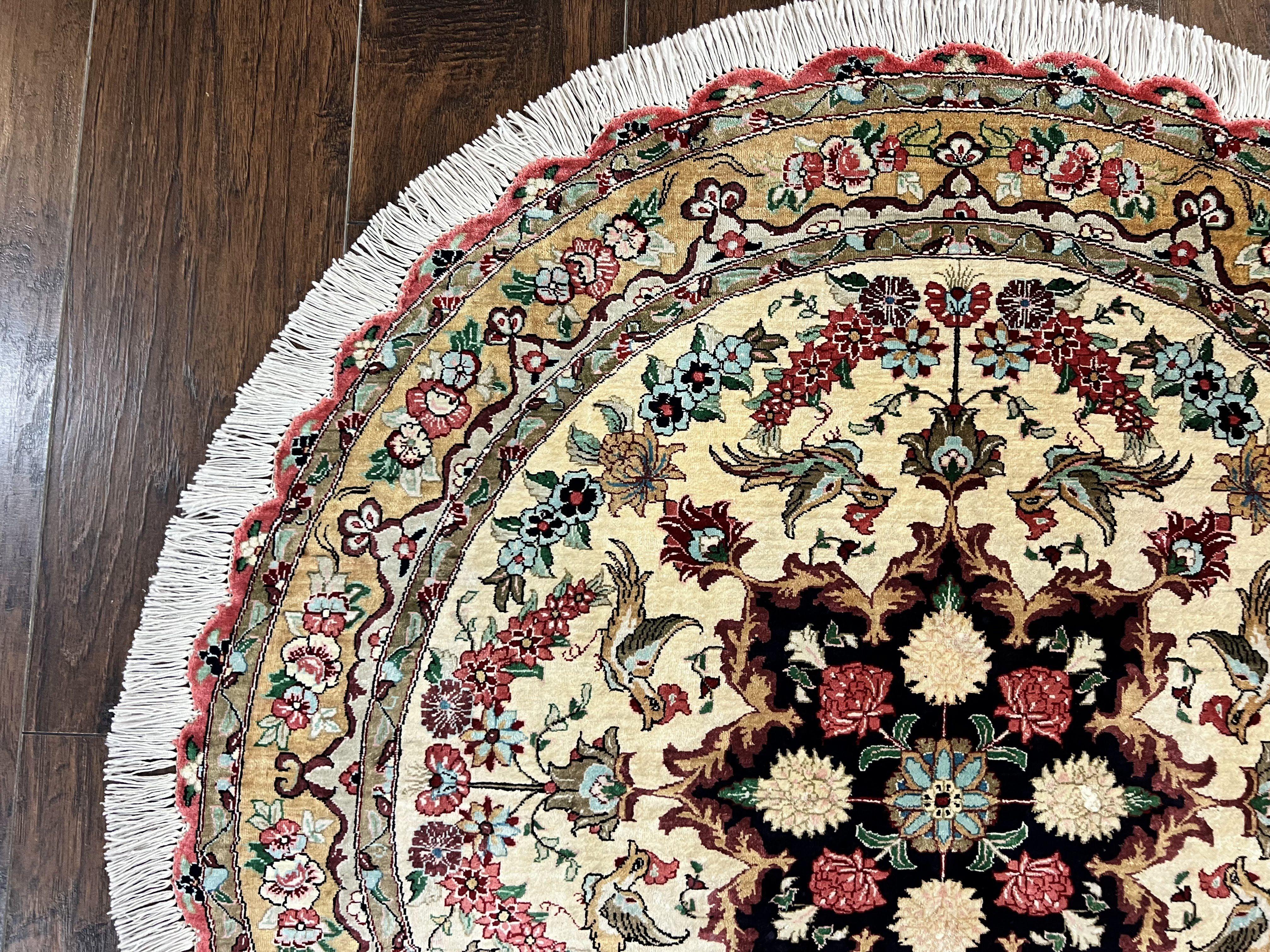 Silk Persian Tabriz Round Rug 3x3 ft, Very Fine Hand Knotted Carpet 380 KPSI, Cream & Gold, Bird Pictorials, Floral, Rare - Jewel Rugs