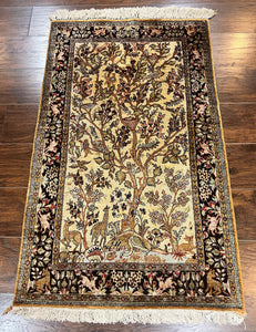 Silk Tree of Life Persian Qum Rug 3x4, Hand Knotted Vintage Carpet, Cream & Black, Very Fine Oriental Rug, Animal Pictorials, Birds